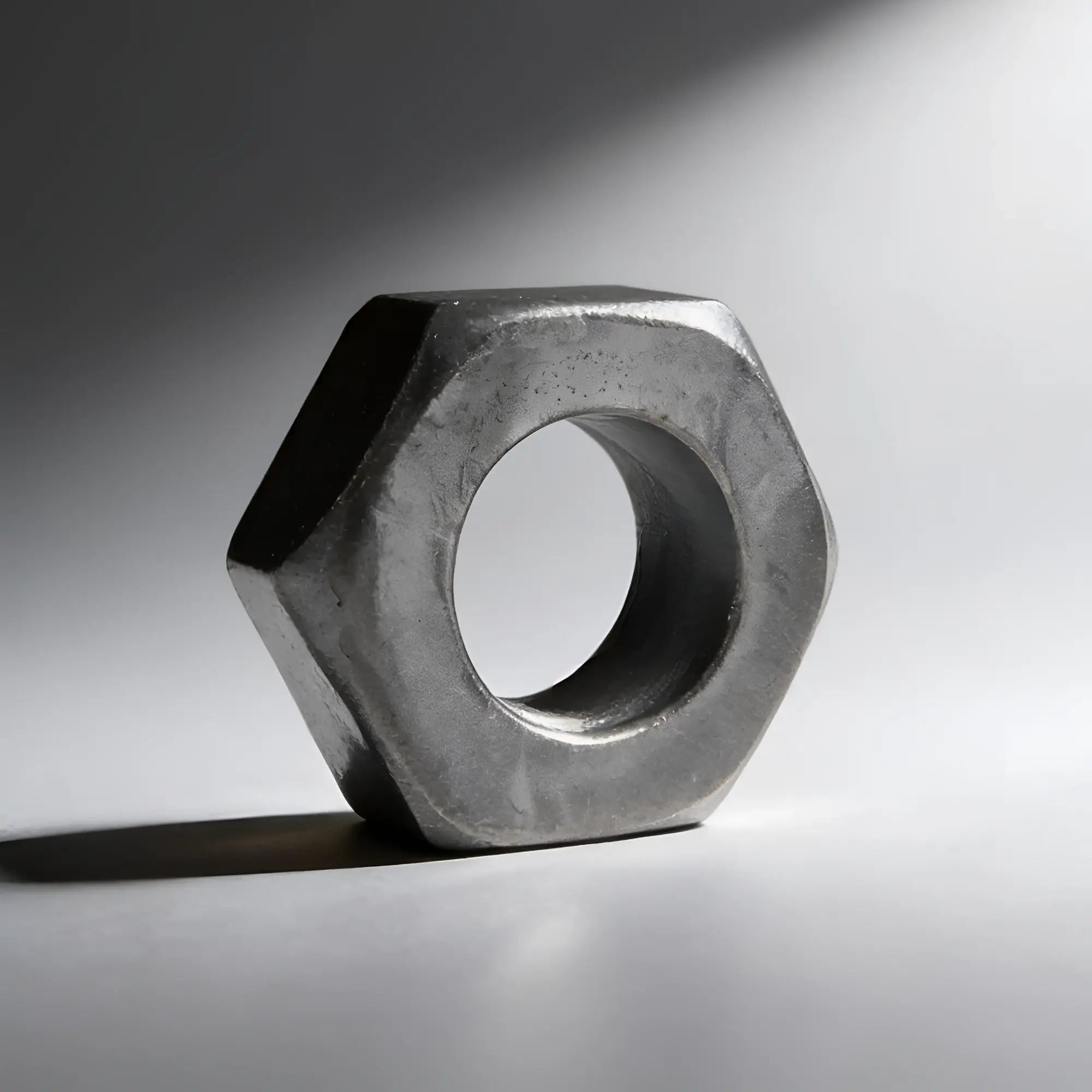 Master Series Hex Nut cock ring, a metallic, hexagonal-shaped piece with a smooth, industrial design on a grey background.