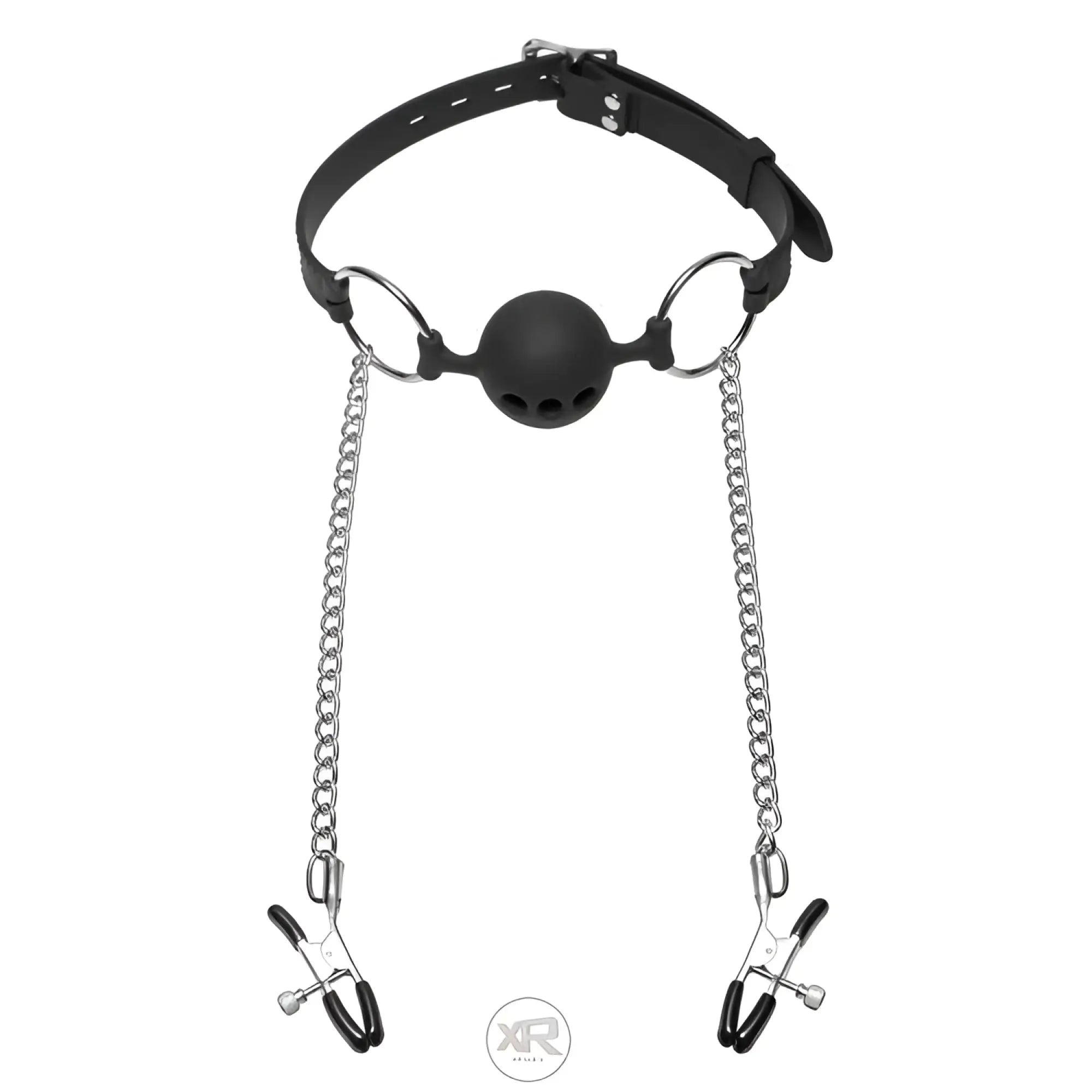 Master Series black silicone breathable ball gag on an adjustable strap, featuring silver chains and nipple clamps.