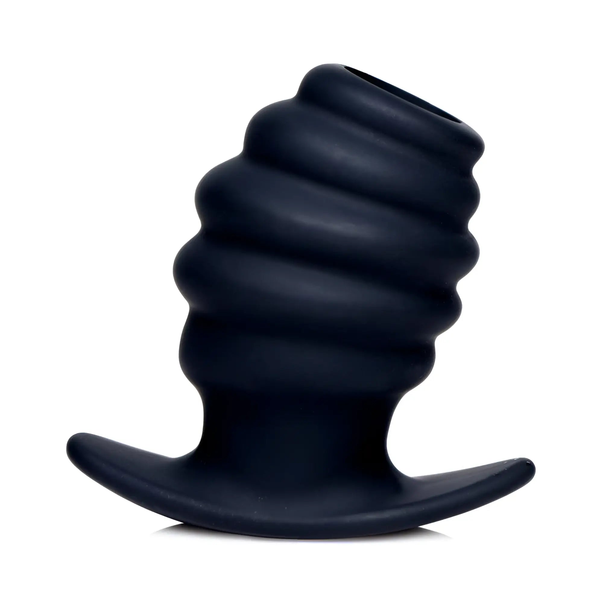 Black silicone Master Series Hive Tunnel anal plug with a ribbed, hollow design and flared base on a white background.