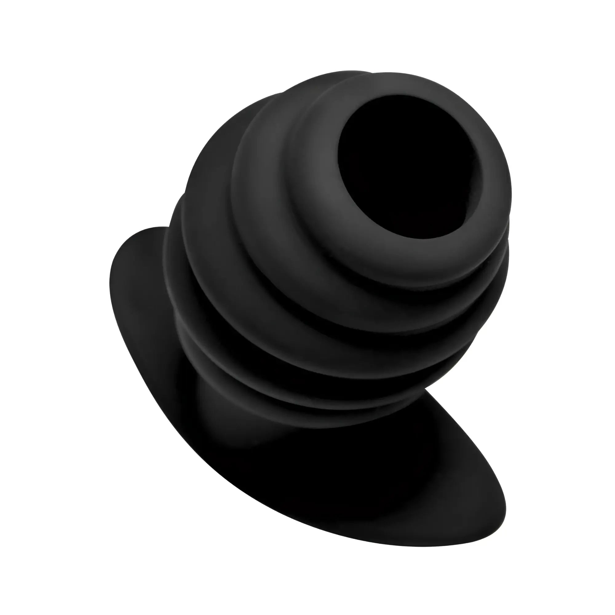 Master Series Hive Ass Tunnel: A black, ribbed silicone anal plug with a hollow center and a wide, flat flared base.