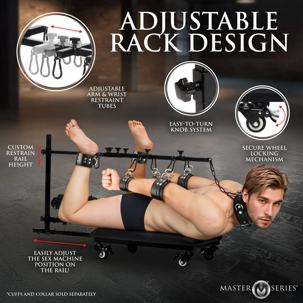 Master Series Hog Tie Restraint Rack: A black, adjustable metal rack on wheels with cuffs, shown with a male user.