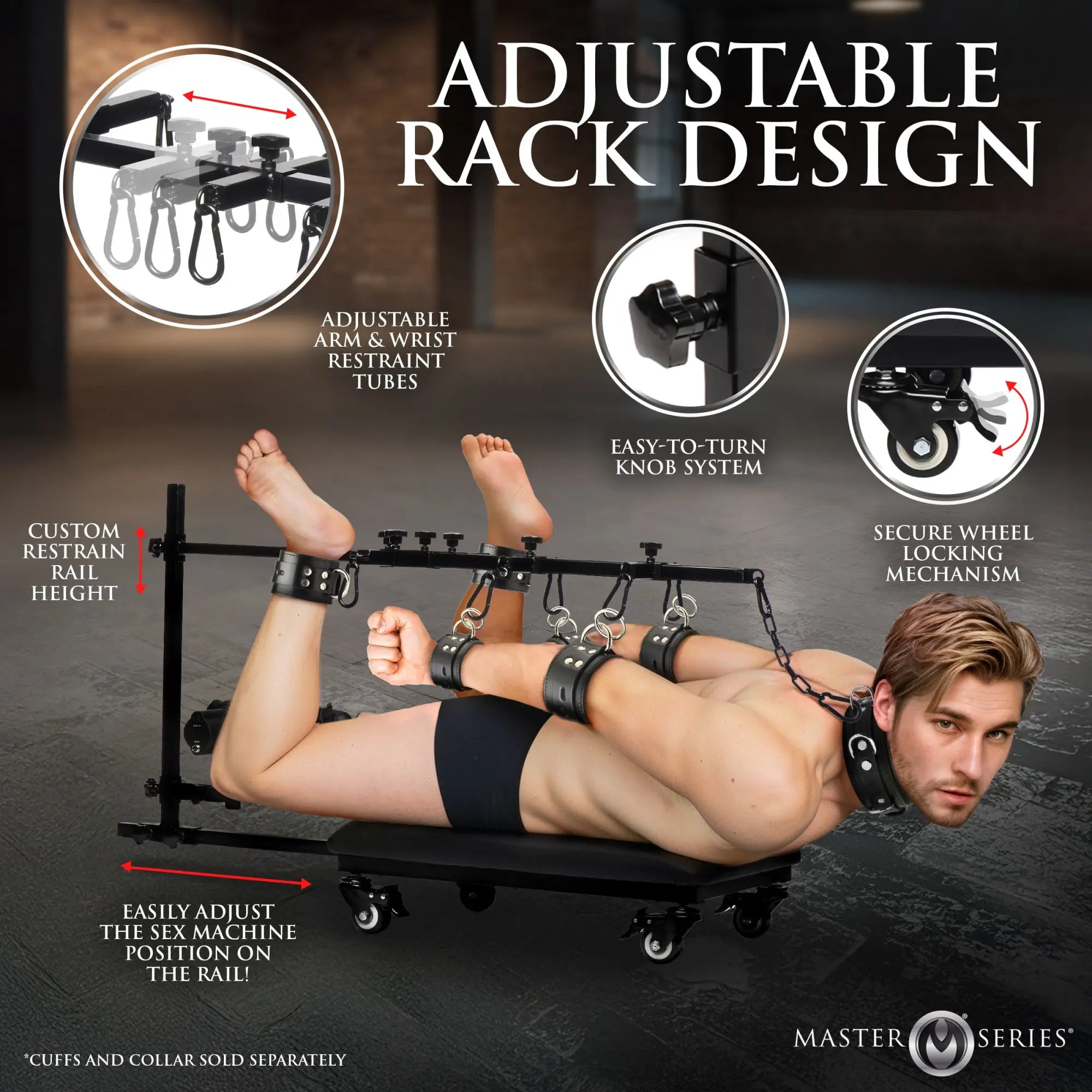 Master Series Hog Tie Restraint Rack: A black, adjustable metal rack on wheels with cuffs, shown with a male user.