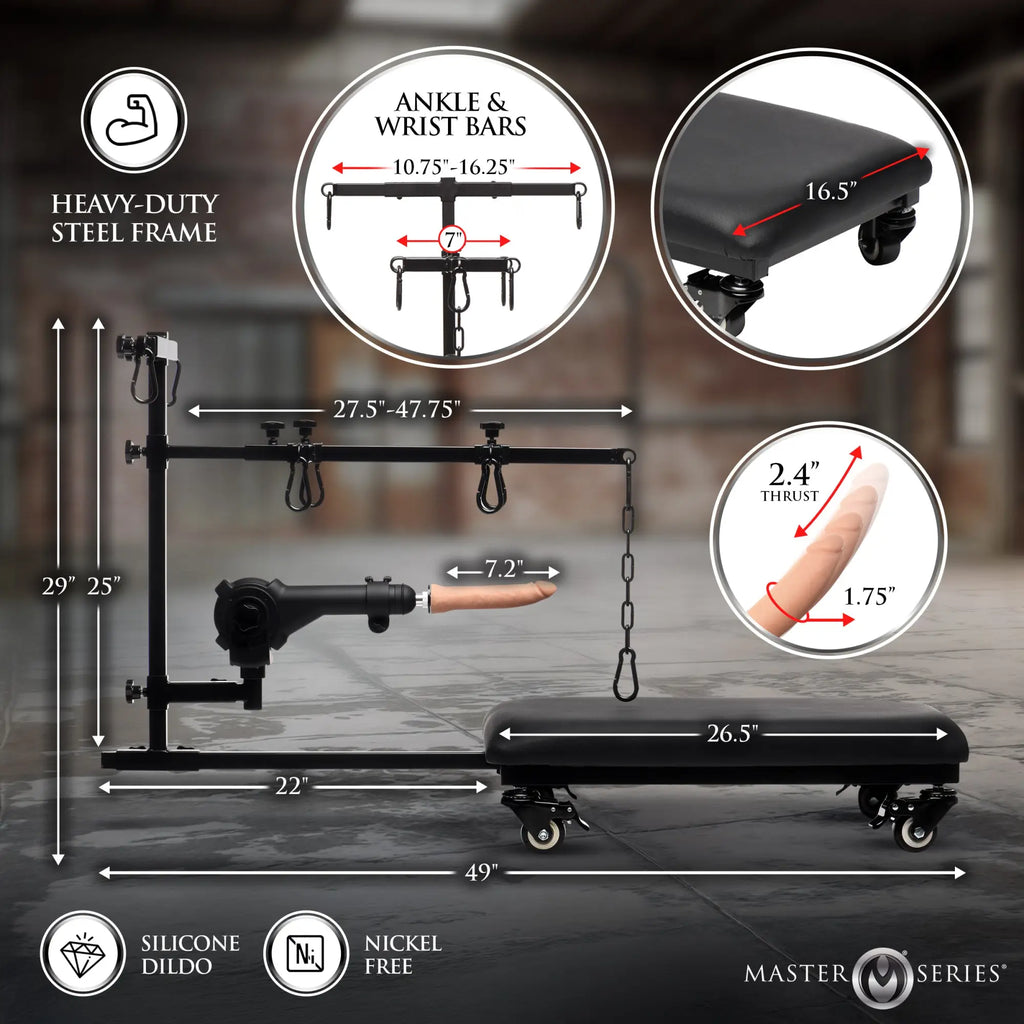 Master Series Hog Tie Restraint Rack with sex machine, featuring a black steel frame, padded bench, and measurements.
