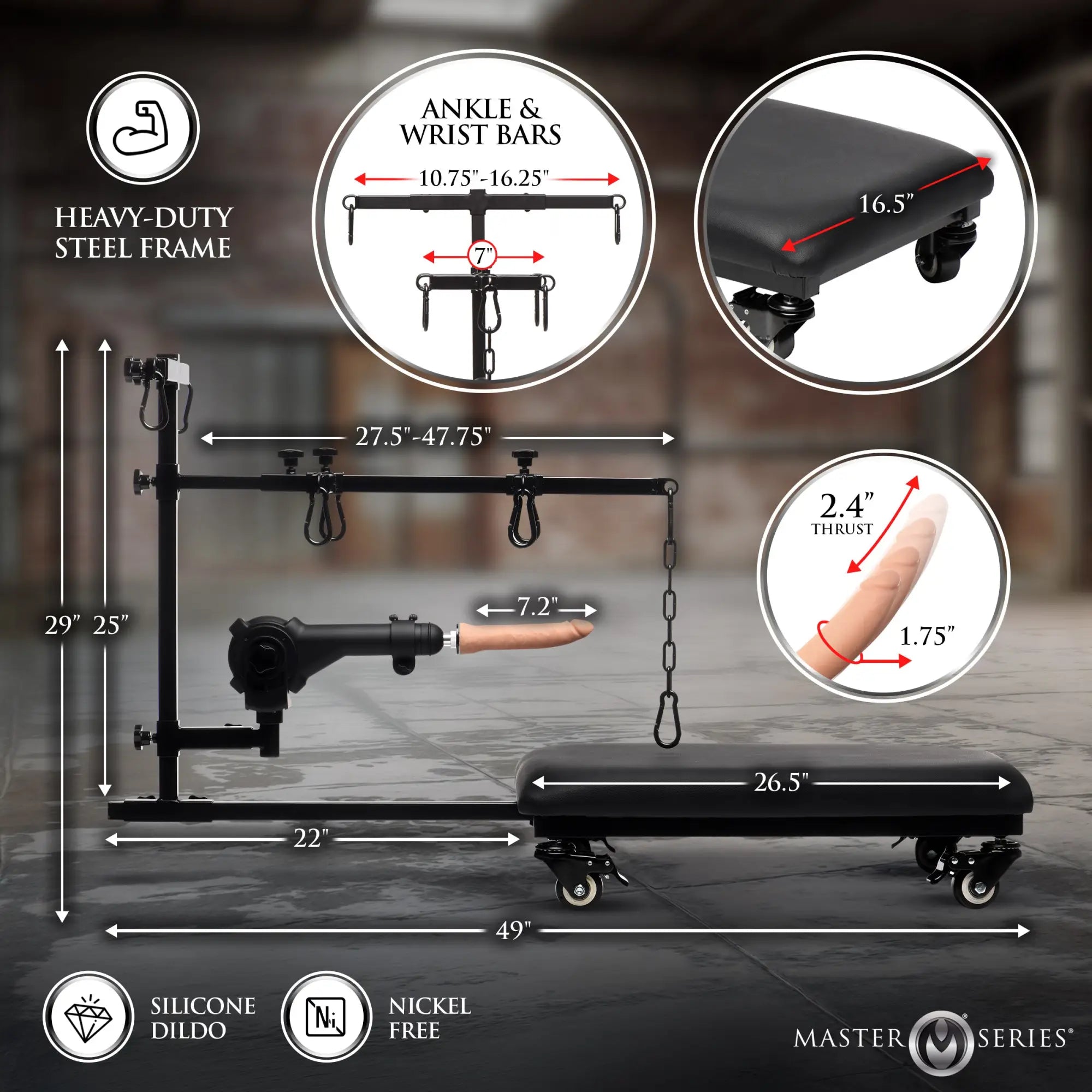 Master Series Hog Tie Restraint Rack with sex machine, featuring a black steel frame, padded bench, and measurements.