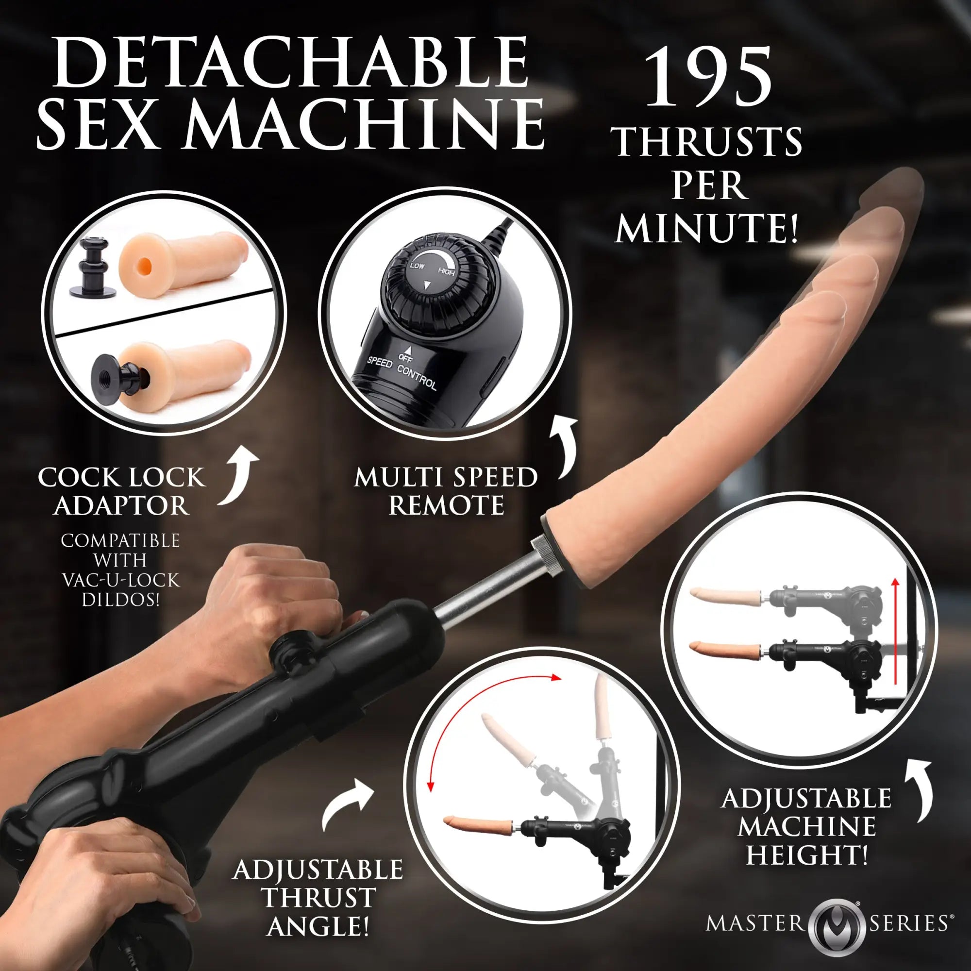 Master Series sex machine featuring a tan dildo, black motorized base, speed remote, and adjustable angle/height settings.