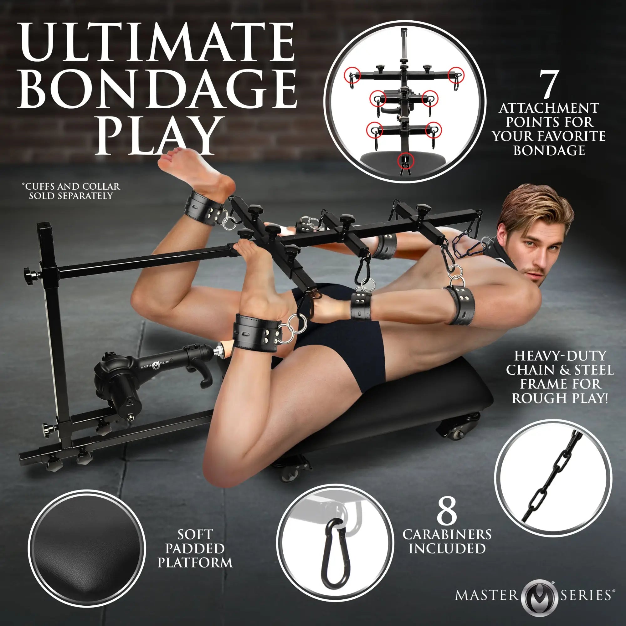 Master Series Hog Tie Restraint Rack with sex machine, featuring a black steel frame, padded platform, and man in cuffs.
