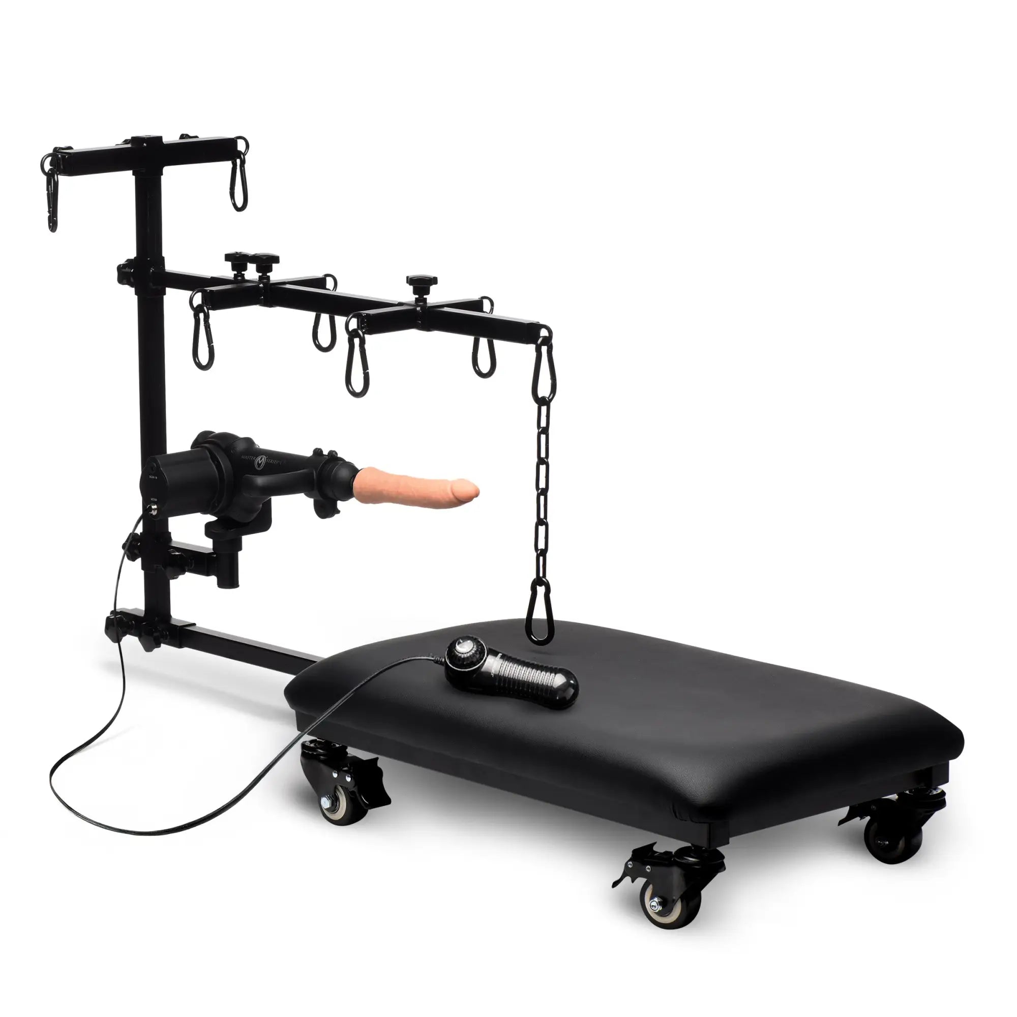 Master Series Hog Tie Restraint Rack with a black padded base, rollers, and an attached motorized sex machine.