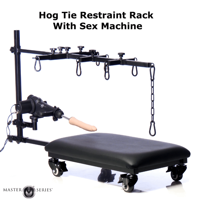 Master Series black metal hog tie restraint rack on wheels with a motorized sex machine and a padded base.