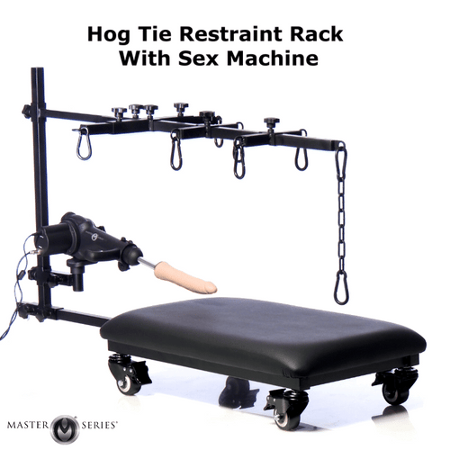 Master Series black metal hog tie restraint rack on wheels with a motorized sex machine and a padded base.
