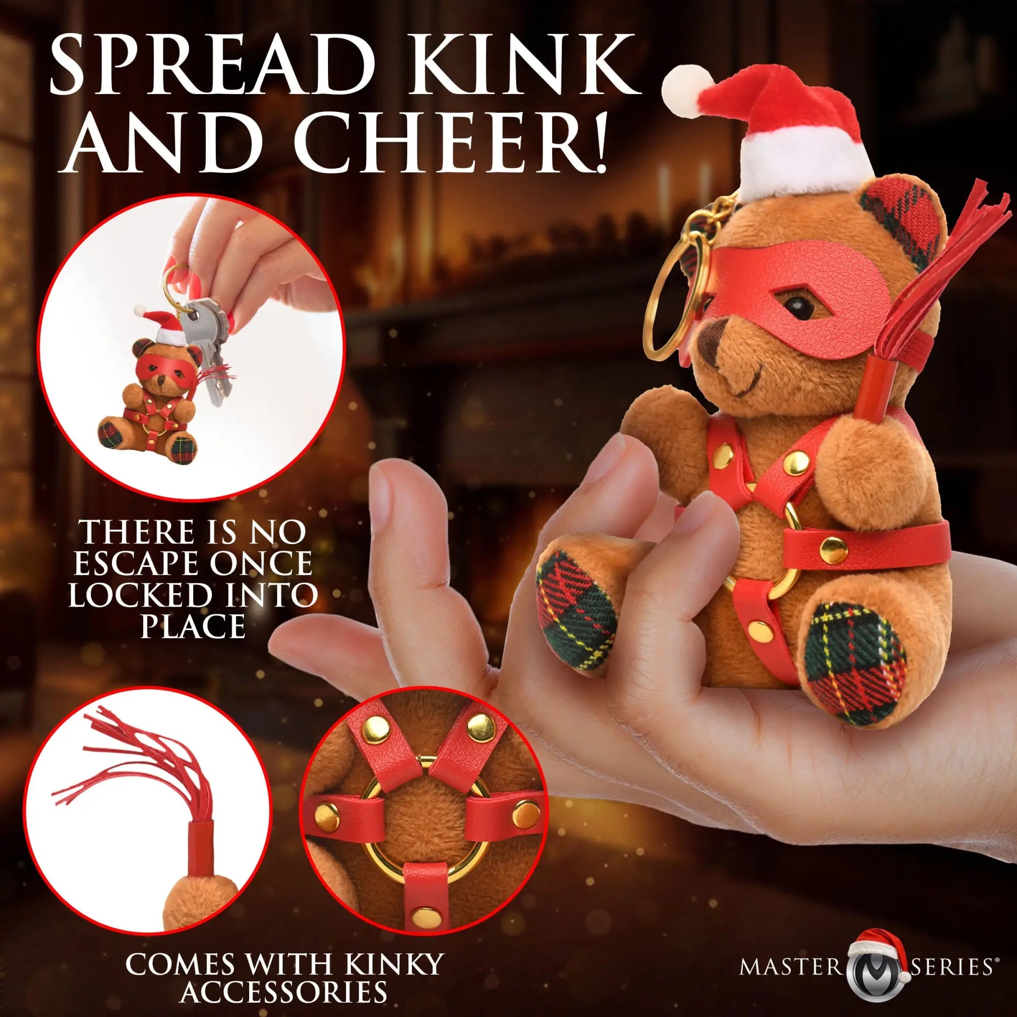 Master Series Holiday Bondage Bear keychain: brown plush bear in a Santa hat, red mask, and red faux-leather harness.