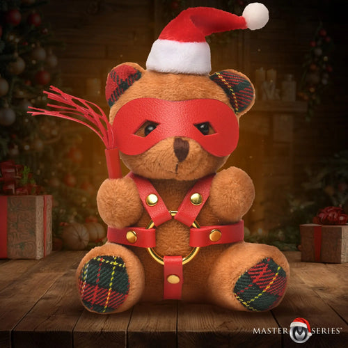 Master Series Holiday Bondage Bear keychain: brown plush teddy wearing a red mask, harness, and Santa hat with a whip.