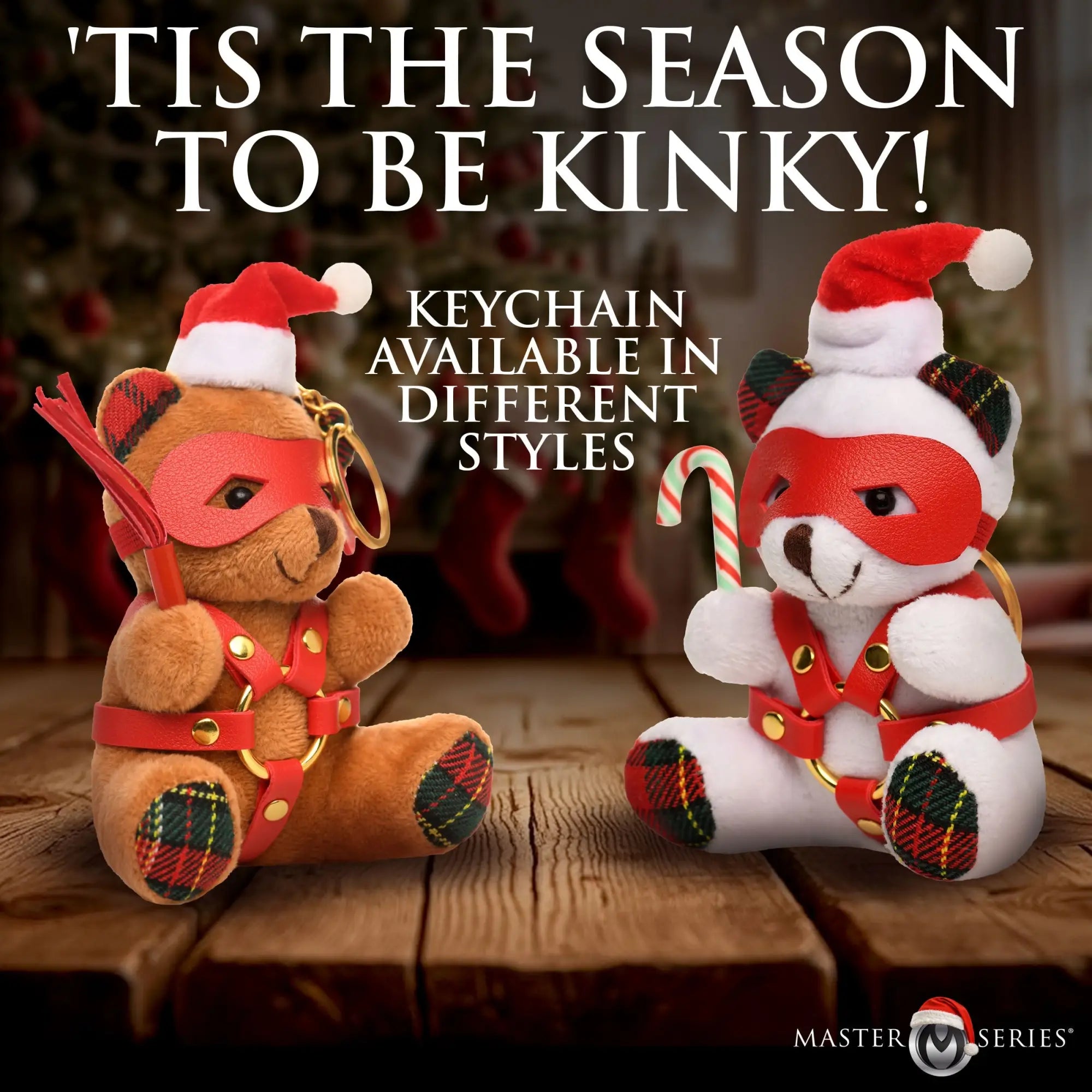 Master Series Holiday Bondage Bear keychains in brown and white, wearing red masks, Santa hats, and leather harnesses.