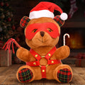 Master Series Holiday Bondage Bear wearing a Santa hat, red eye mask, and harness, holding a whip and candy cane.