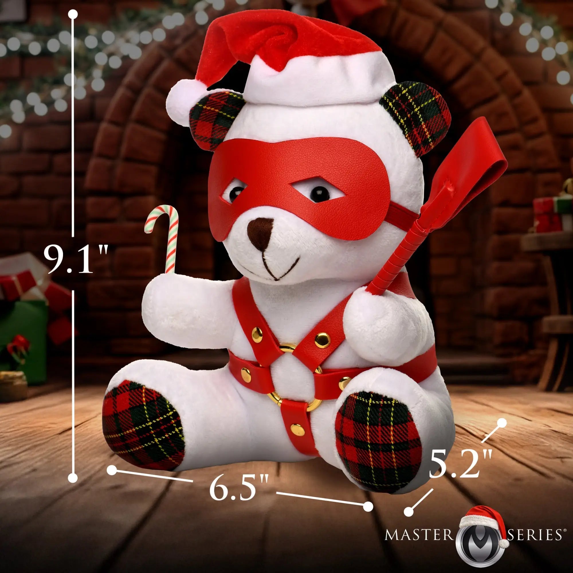 Master Series Holiday Bondage Bear: A white teddy bear with a red mask, plaid accents, leather harness, and Santa hat.