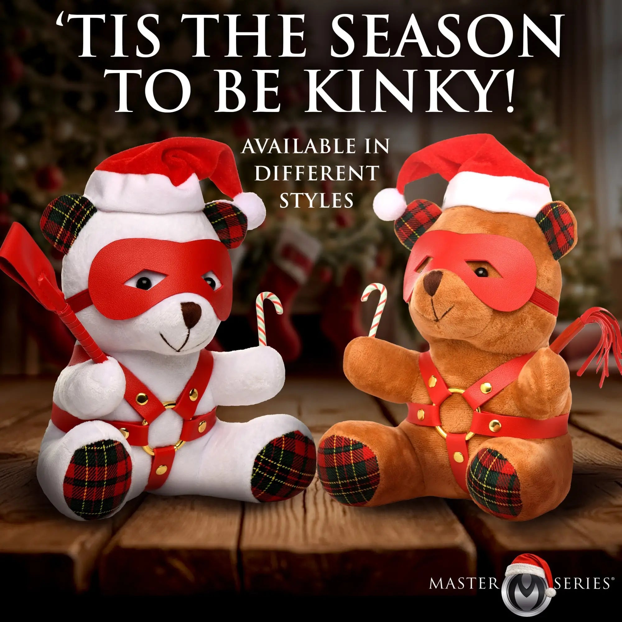 Master Series Holiday Bondage Bears: Two plush bears in Santa hats, masks, and red harnesses with candy canes.