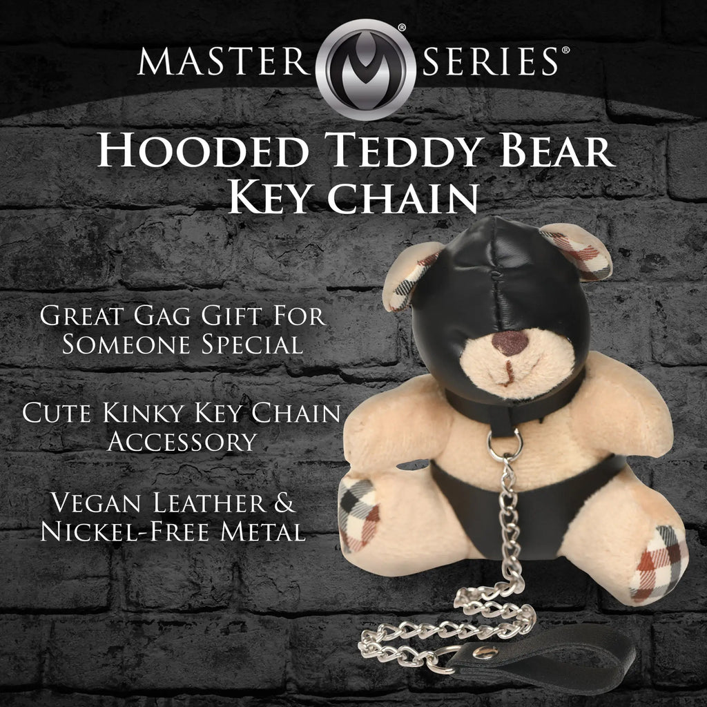 Master Series Hooded Teddy Bear Keychain: Beige teddy bear in a black vegan leather hood, harness, and metal chain.