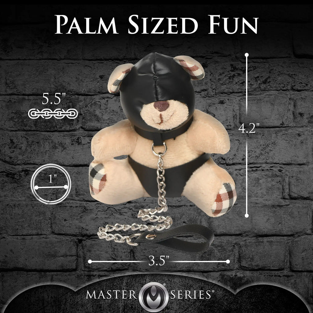 Master Series Hooded Teddy Bear keychain: tan bear with plaid accents, black leather hood, harness, and metal chain.