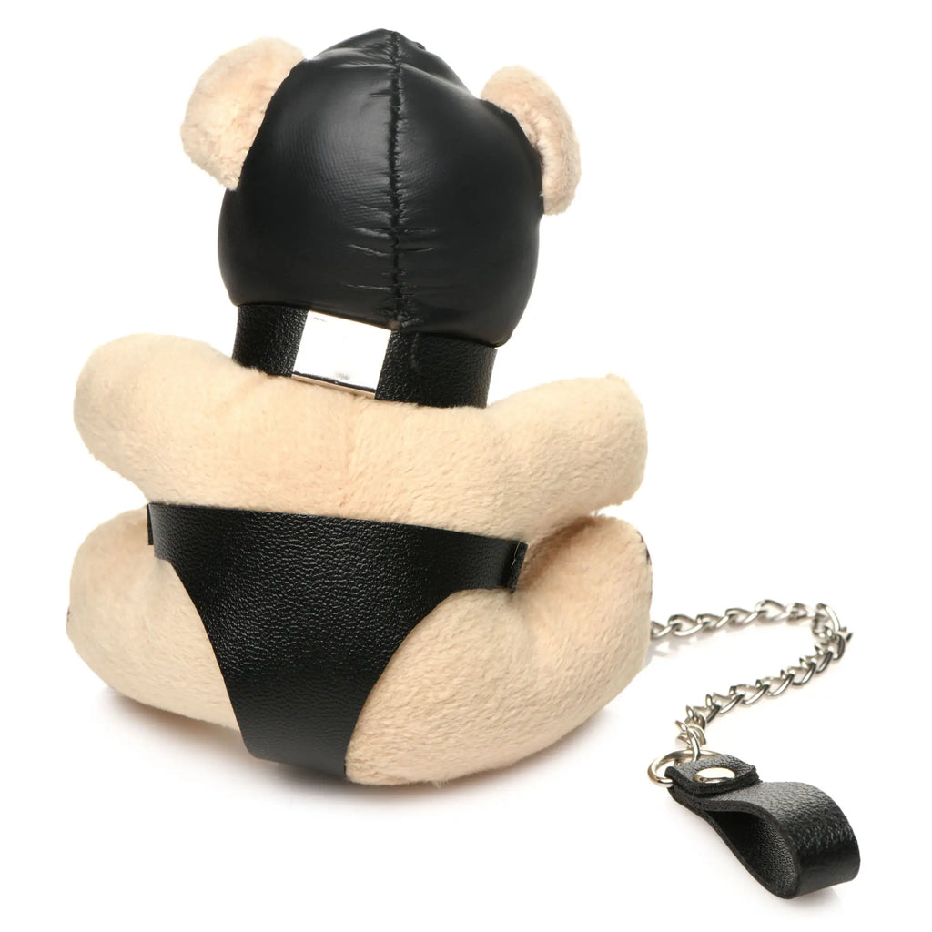 Master Series Hooded Teddy Bear keychain: tan plush bear wearing a black hood, leather harness, and jockstrap with chain.
