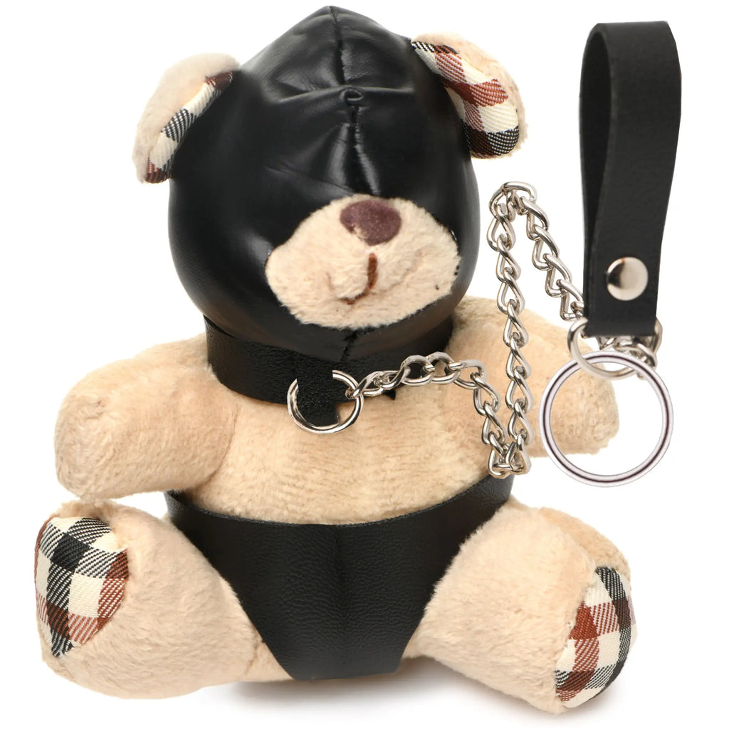 Master Series Hooded Teddy Bear Keychain: a tan plush bear with a black leather hood, collar, harness, and keychain.