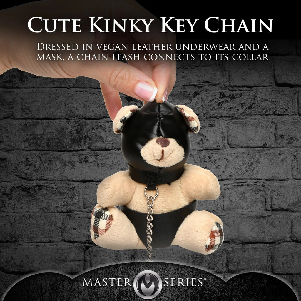 Master Series Hooded Teddy Bear Keychain: a tan plush bear in a black vegan leather hood, collar, and chain leash.