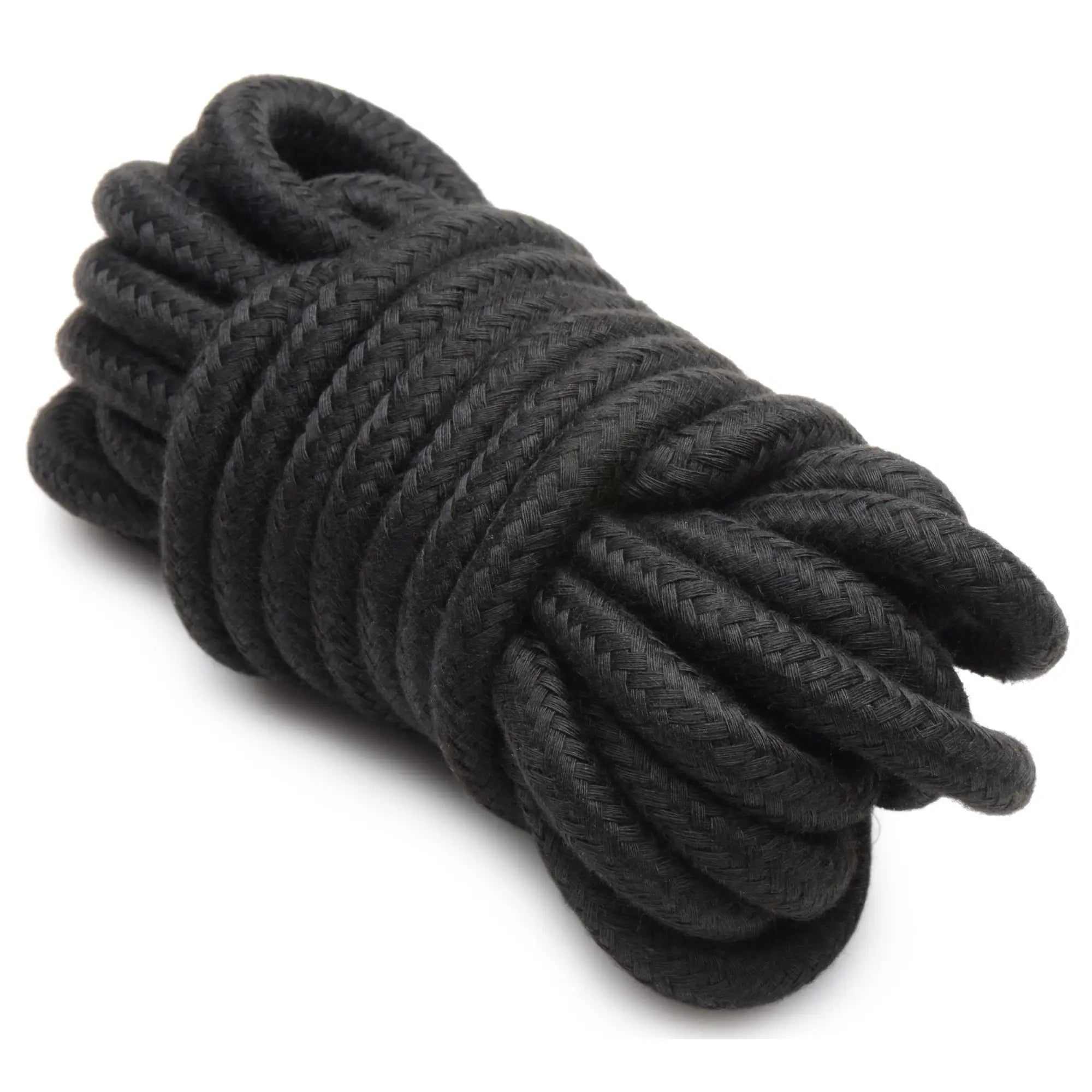 Master Series Hook Up 10-Piece Plush Bondage Set: A coil of thick, black braided rope on a plain white background.