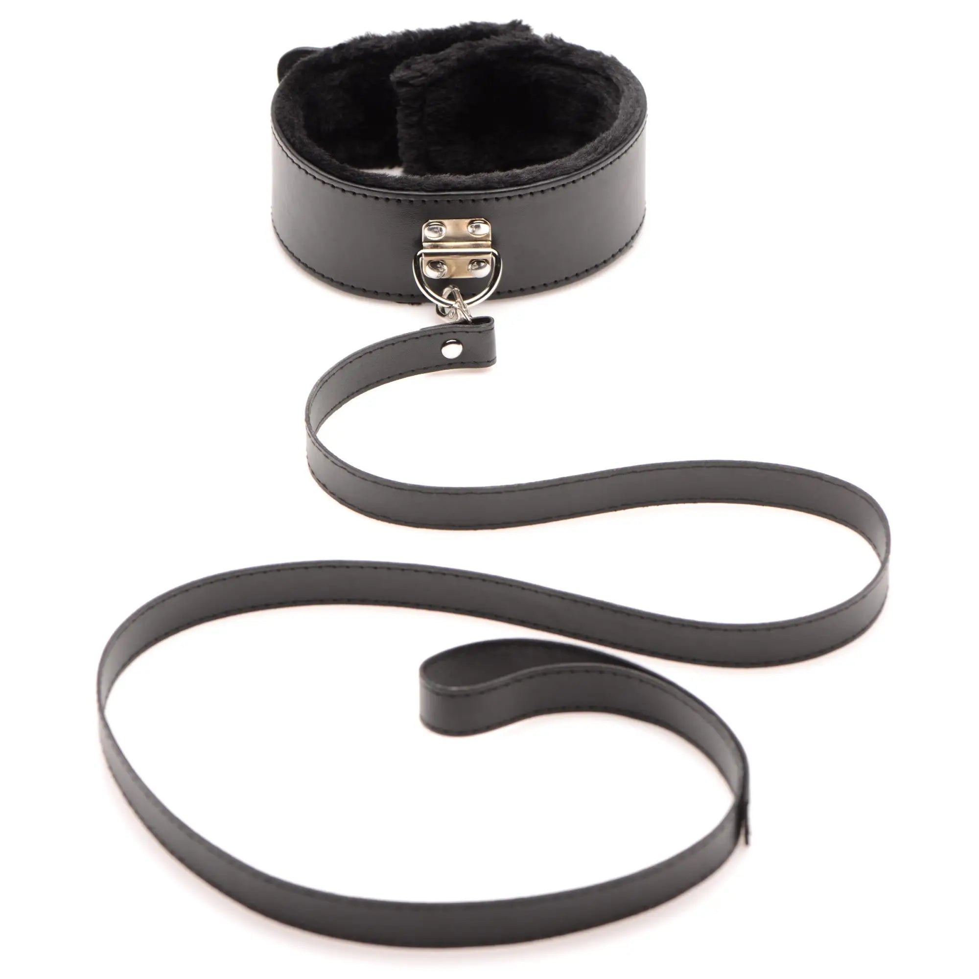 Master Series Hook Up 10-piece set: black plush-lined faux leather collar with a matching leash on a white background.