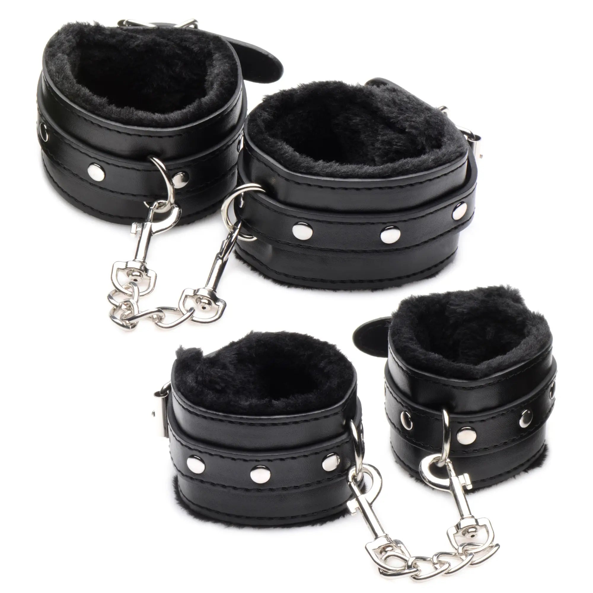 Master Series Hook Up 10-piece set: black faux leather cuffs lined with soft black plush and metallic chain accents.