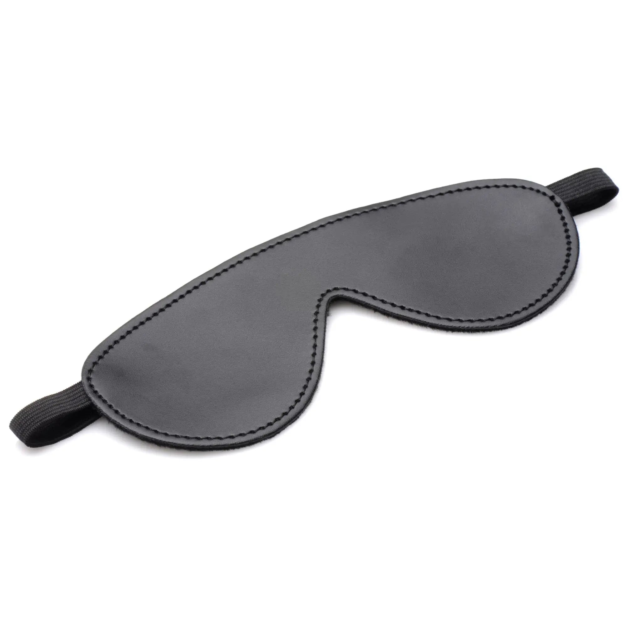 Master Series Hook Up bondage set: black faux-leather blindfold with stitched edges and an elastic head strap.