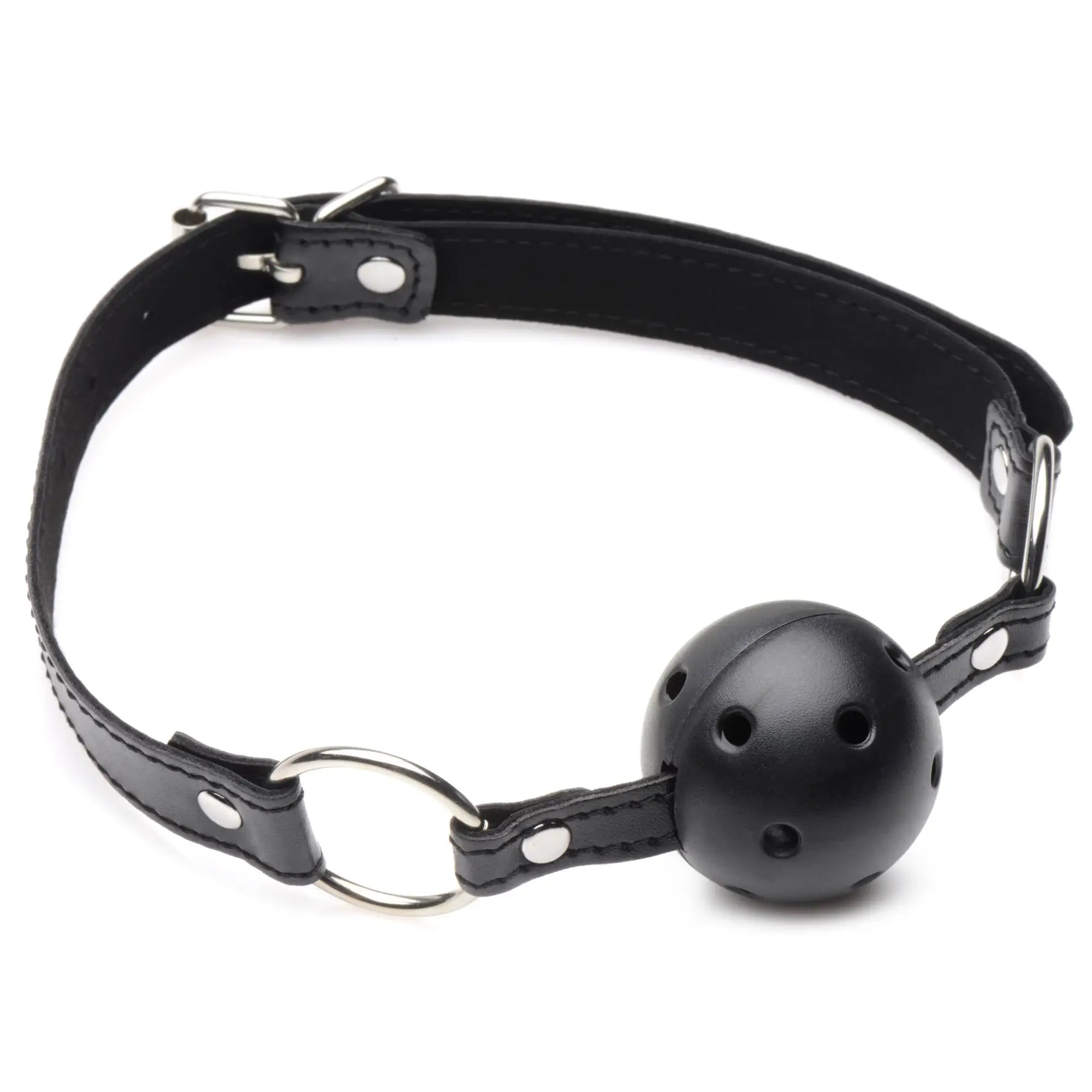 Master Series Hook Up ball gag with a black, adjustable buckled collar and a perforated black spherical mouthpiece.