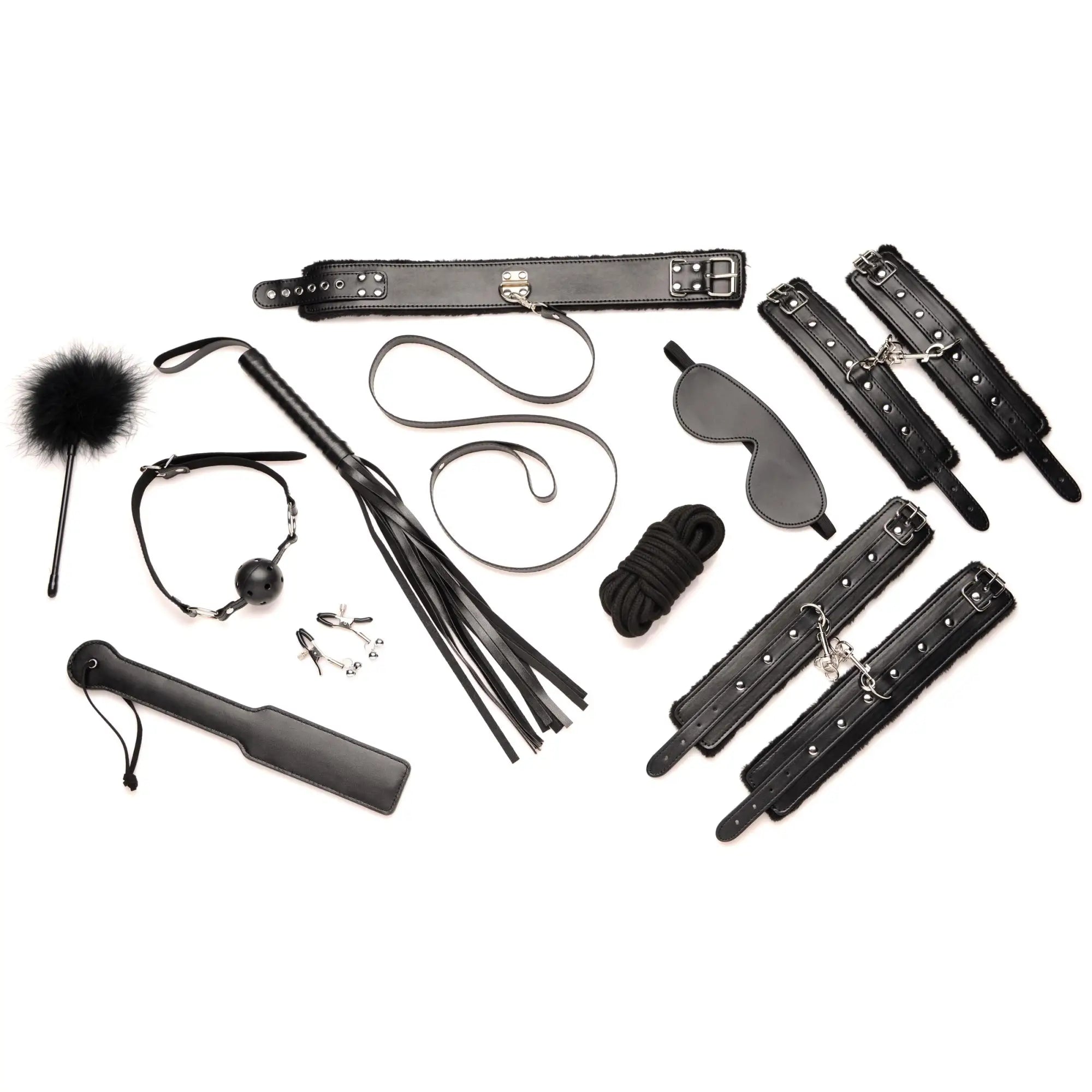 Master Series Hook Up 10-piece black bondage kit, featuring faux-fur lined restraints, a whip, collar, and accessories.
