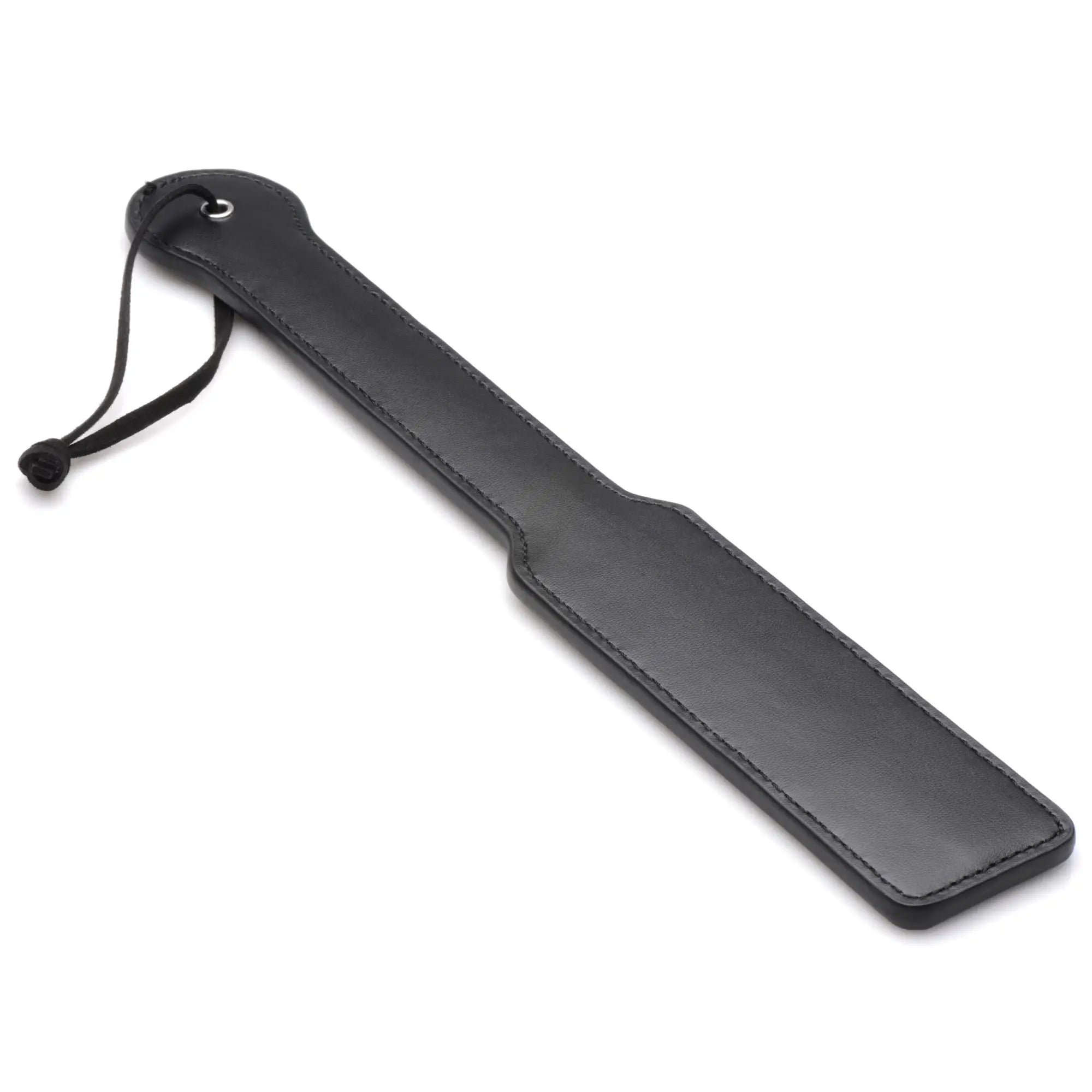 Master Series Hook Up 10-Piece Set: A black leather-look paddle with a handle and wrist loop on a white background.