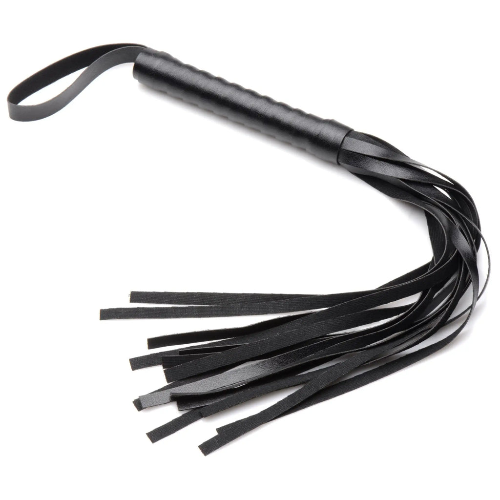 Master Series Hook Up 10-piece set: a black, multi-strand leather-style flogger with a textured grip and wrist loop.