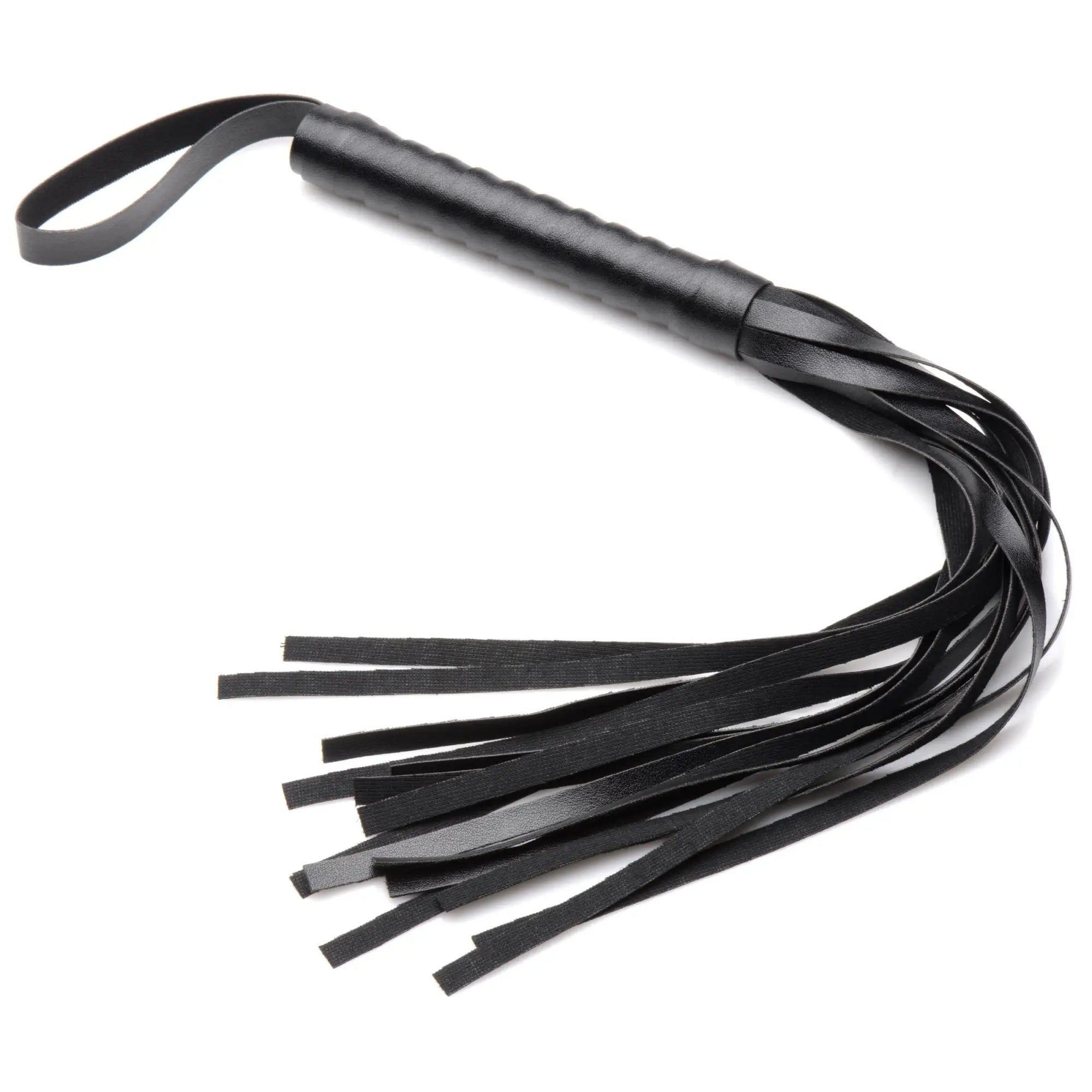 Master Series Hook Up 10-piece set: a black, multi-strand leather-style flogger with a textured grip and wrist loop.