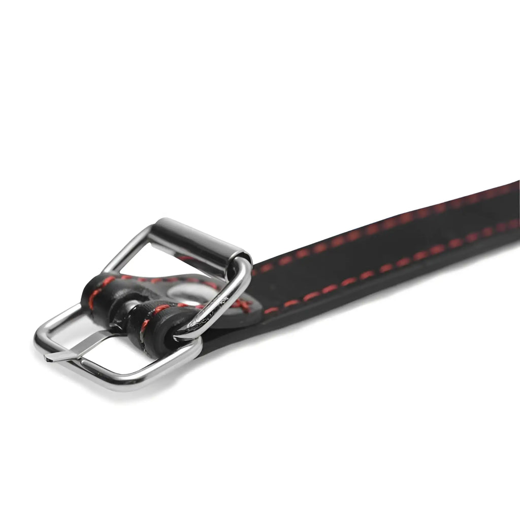 Master Series Hound Adjustable Dog Bone Gag: black leather strap with red stitching and a silver metal buckle.