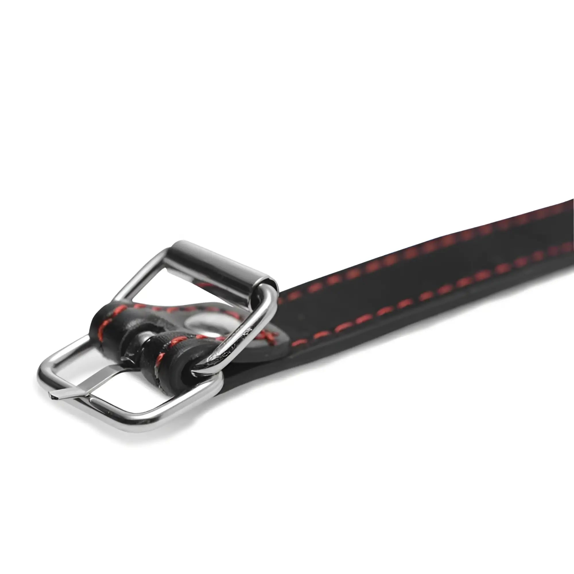 Master Series Hound Adjustable Dog Bone Gag: black leather strap with red stitching and a silver metal buckle.