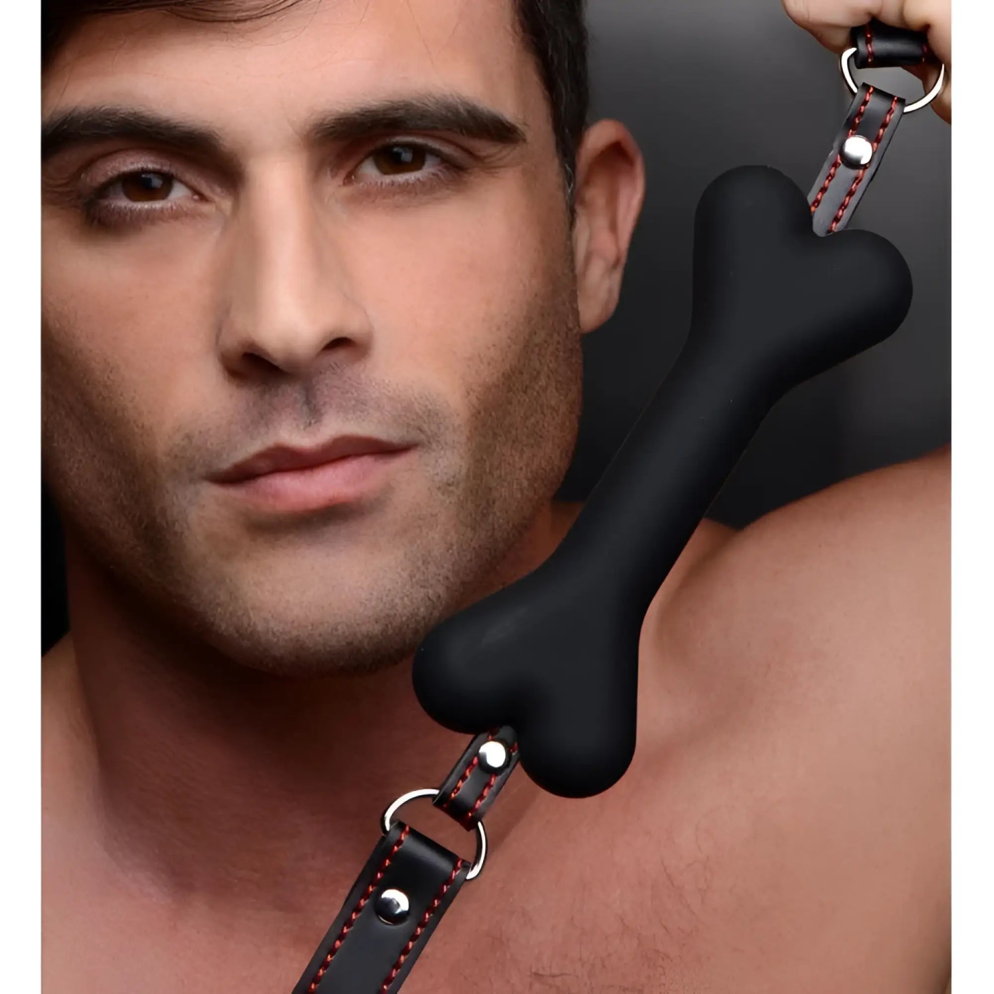 Master Series Hound Adjustable Dog Bone Gag: black bone-shaped gag on a black leather strap with red stitching.