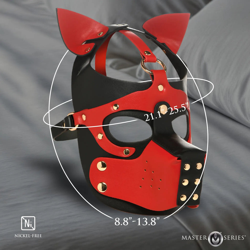 Master Series Hound Hood with Muzzle in black and red faux leather with gold-tone hardware and measurement overlays.