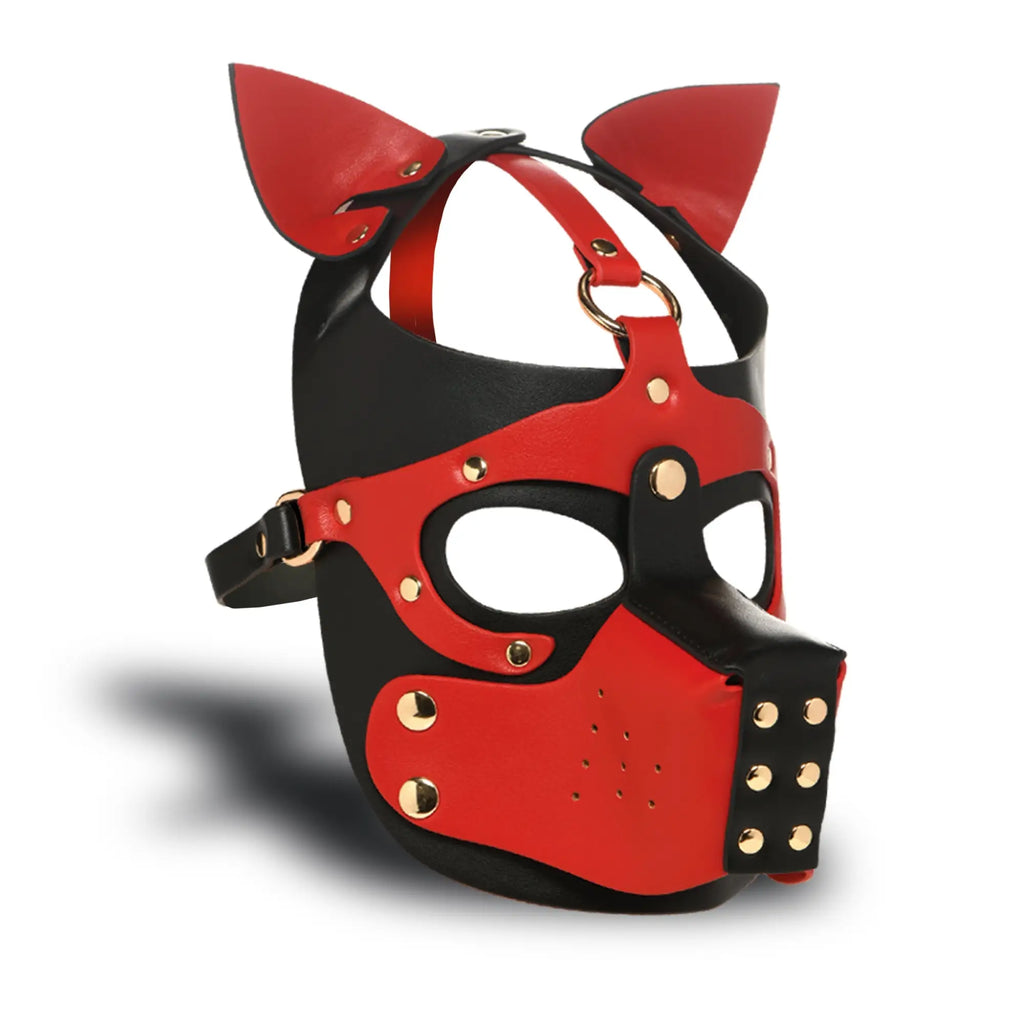 Master Series Hound Hood with Muzzle in red and black leather, featuring dog-like ears, eye cutouts, and gold hardware.