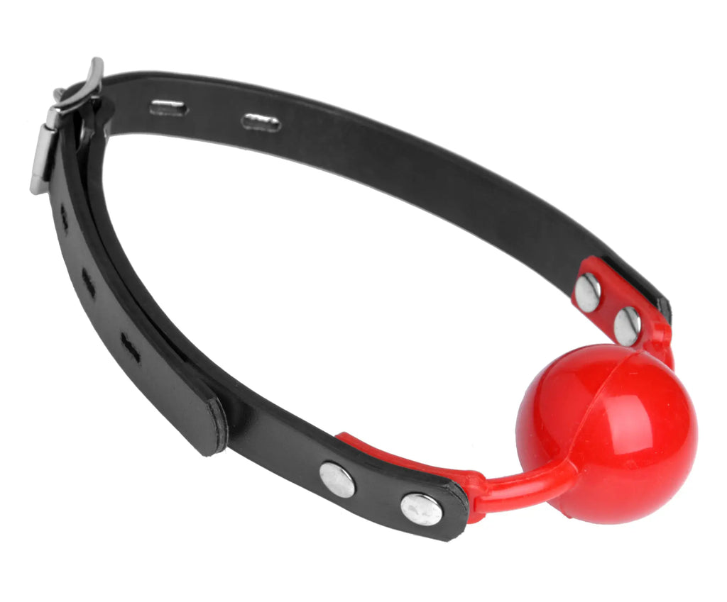 Master Series Hush Comfort silicone ball gag with a bright red sphere and an adjustable black leather-style collar.