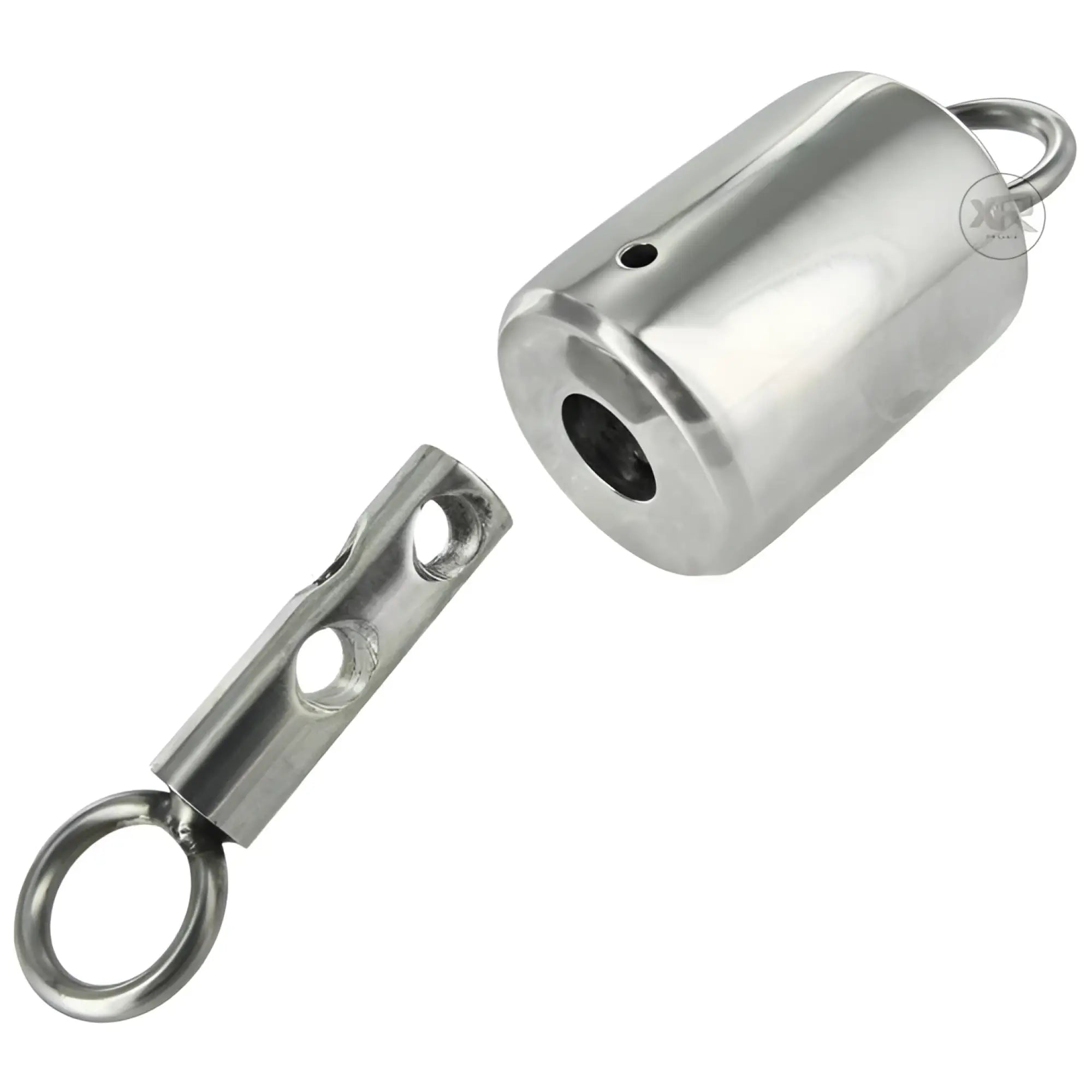Master Series Ice Warden time lock: A polished silver metal cylindrical housing with a detachable pin and loop.