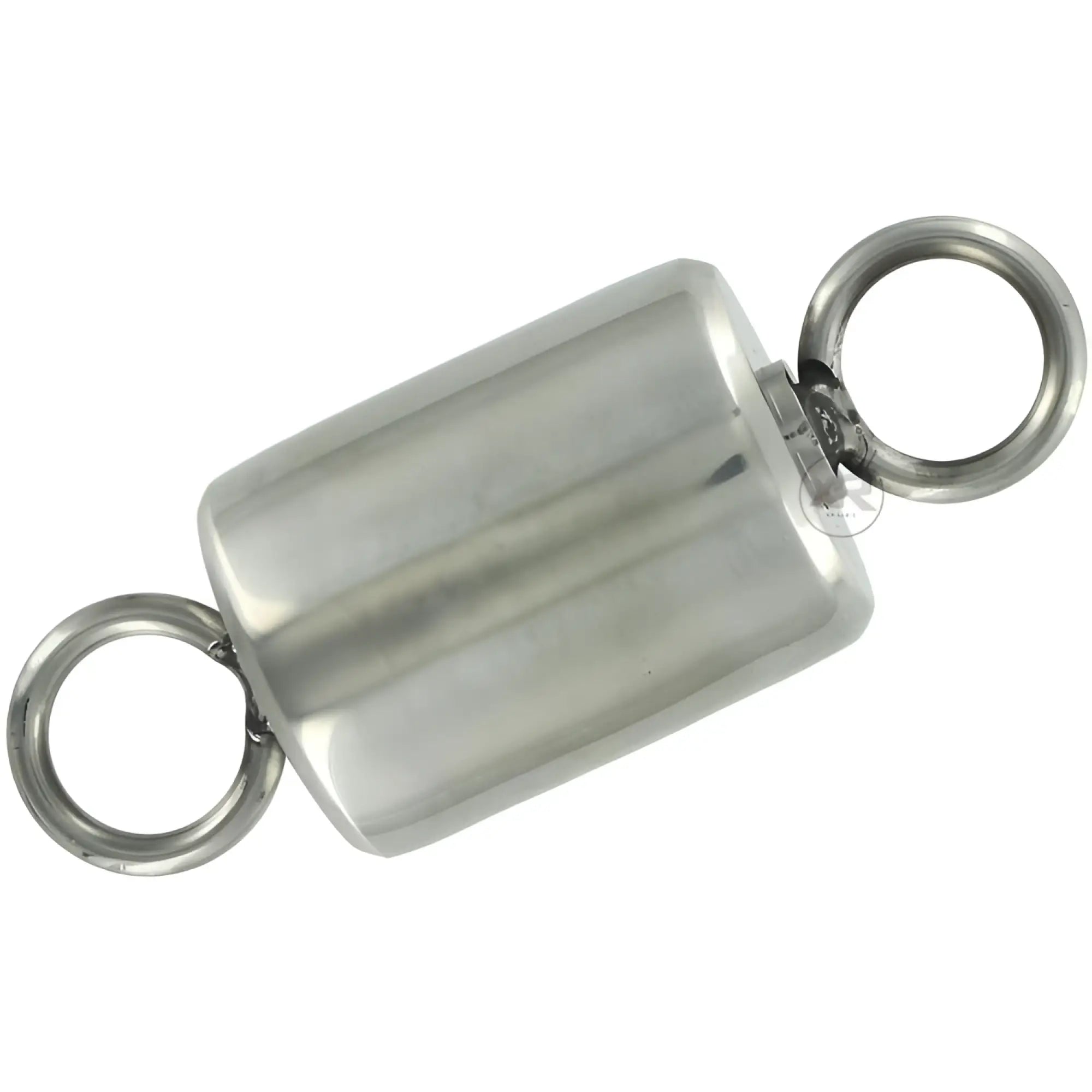 Master Series Ice Warden time lock: A polished silver stainless steel cylindrical device with a ring on each end.