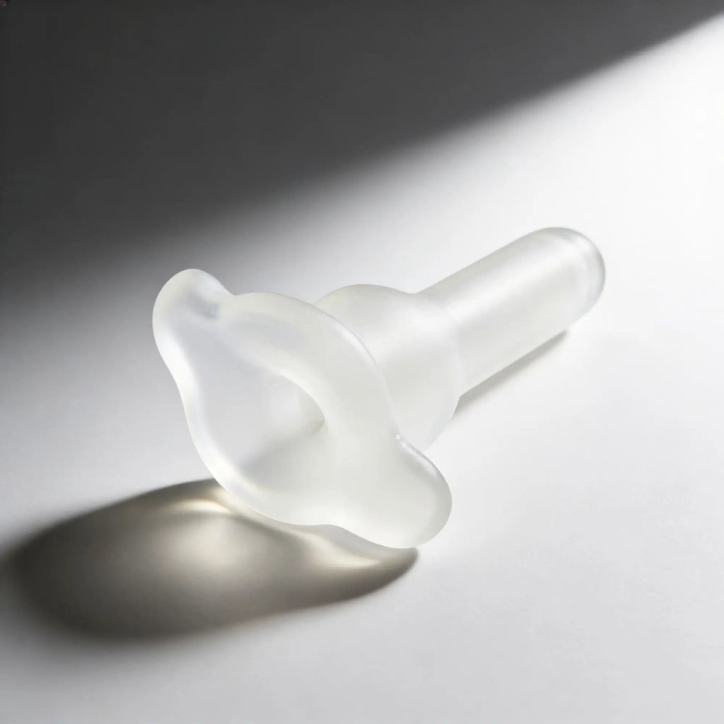 Master Series Inception Sheath: A clear, frosted silicone sleeve with a flared, contoured opening on a white surface.