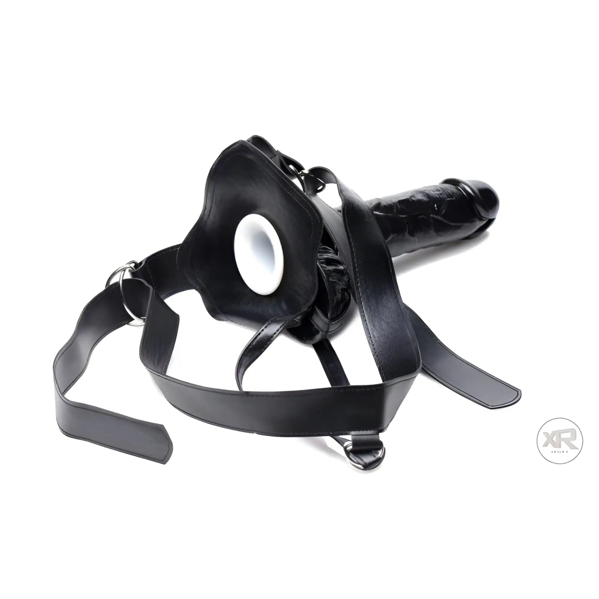 Master Series Infiltrator: a black leather-look strap-on harness with a 10-inch black dildo and white hollow base.