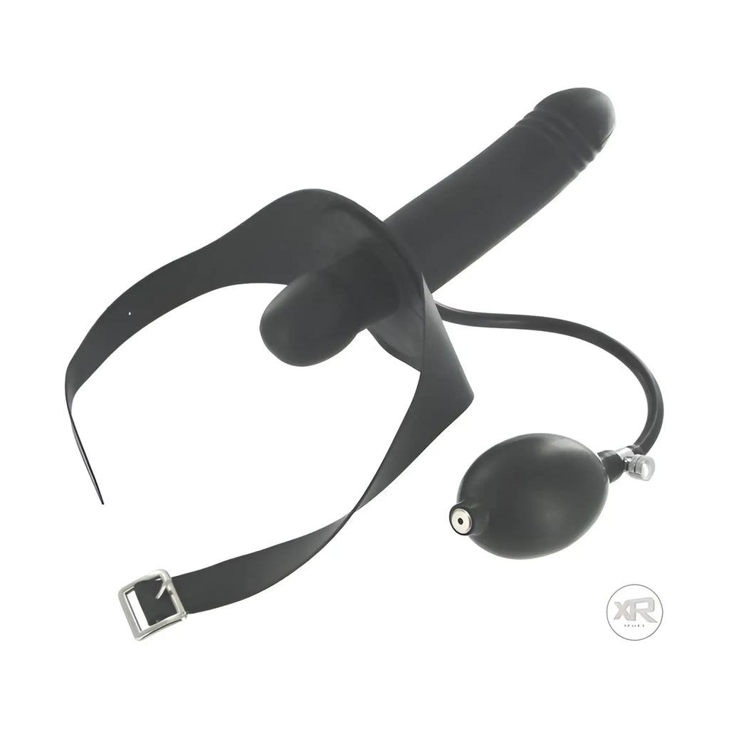 Master Series Inflatable Mouth Gag with black dildo attachment, adjustable head strap, and manual air pump.