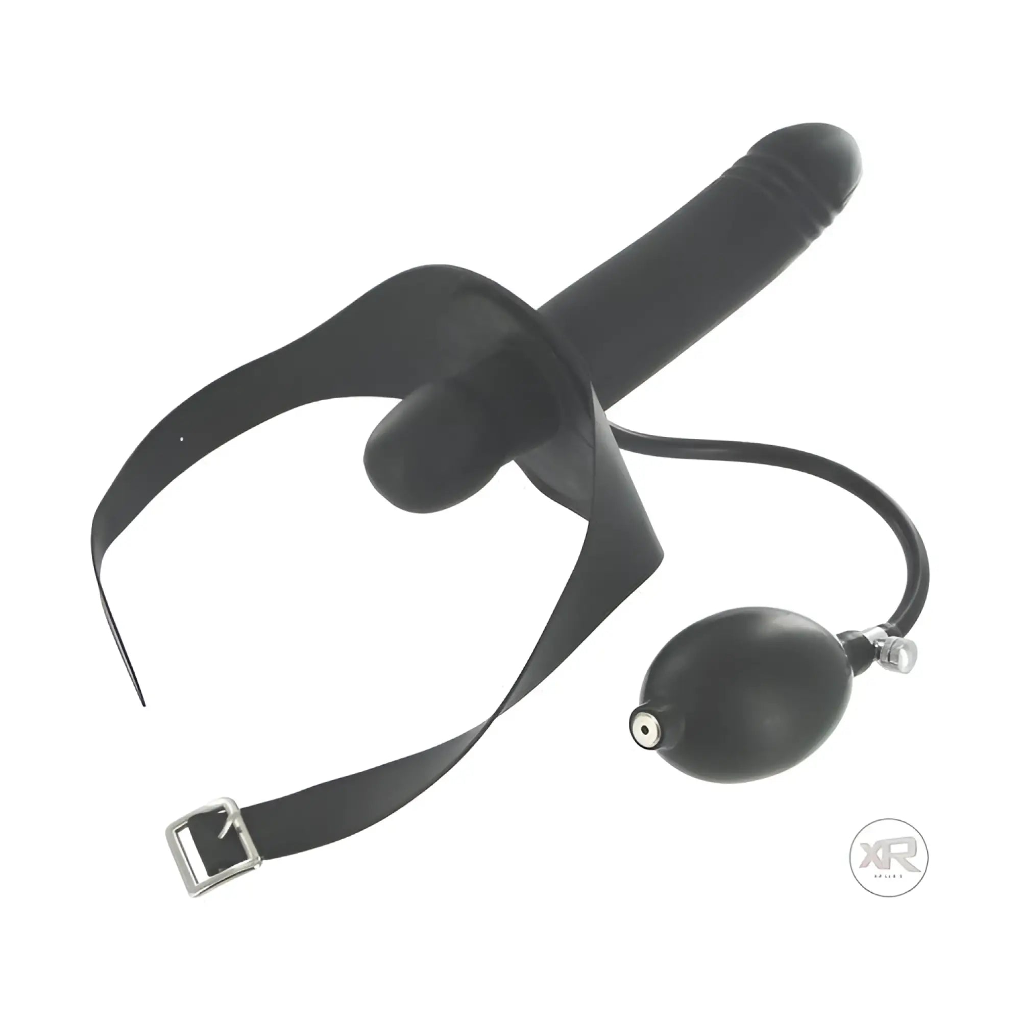 Master Series Inflatable Mouth Gag with black dildo attachment, adjustable head strap, and manual air pump.