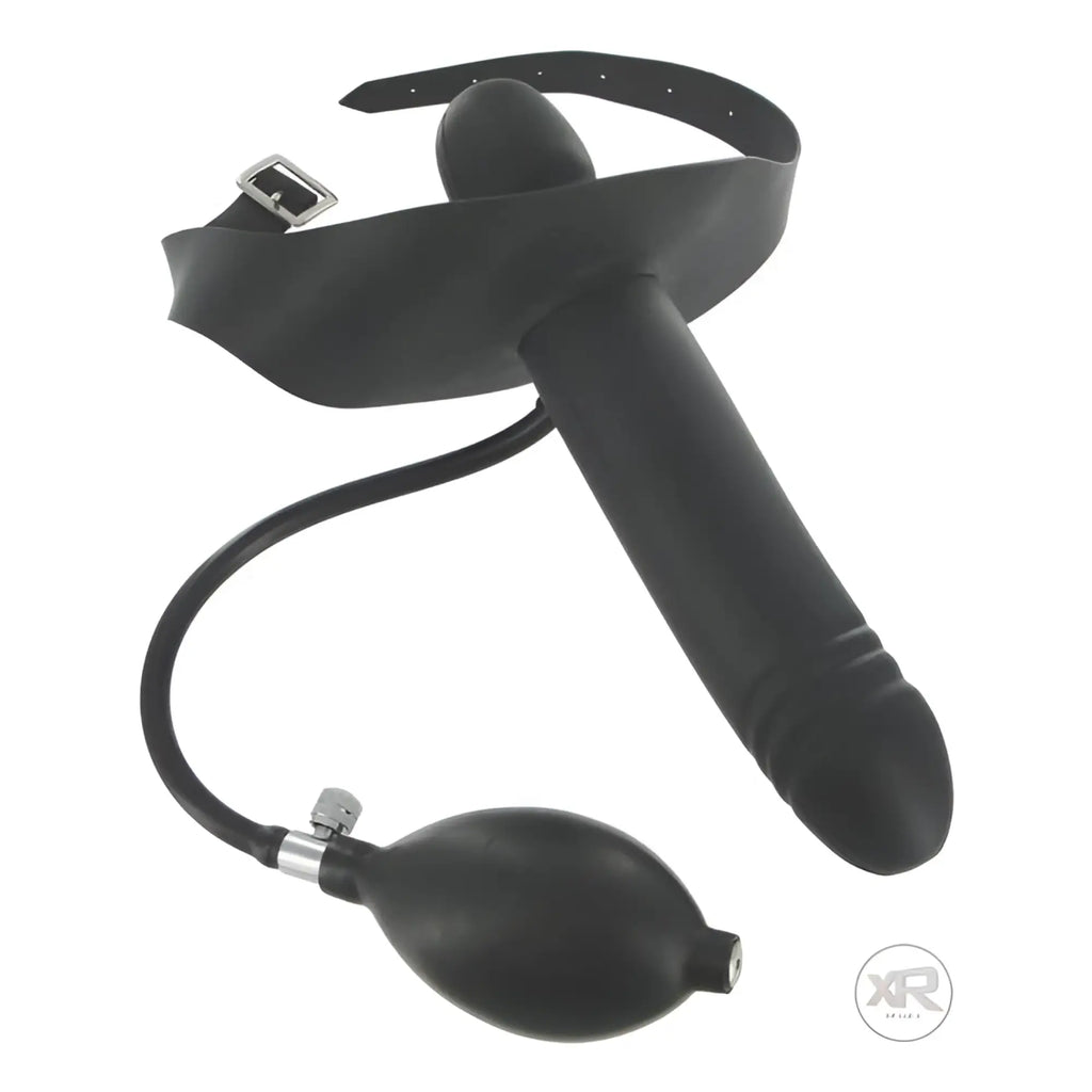 Black Master Series inflatable mouth gag with dildo attachment, adjustable head strap, and manual inflation pump.