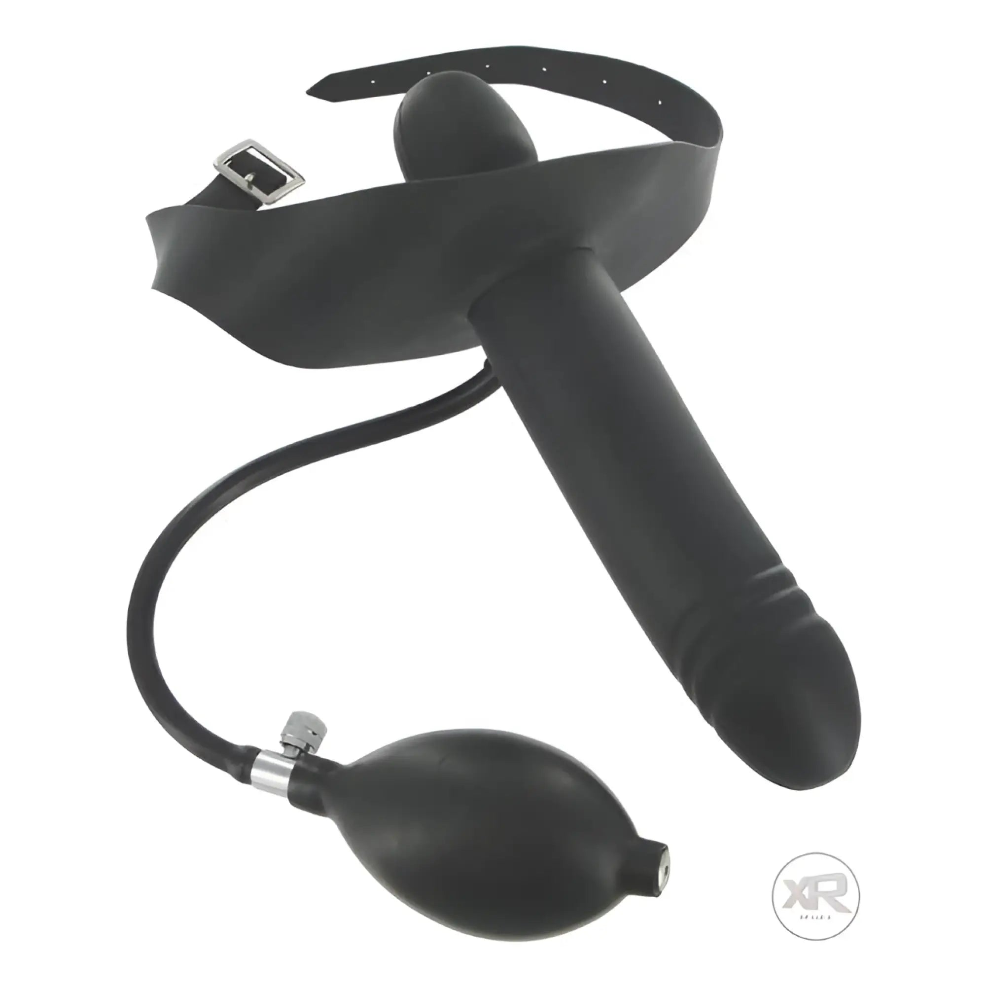 Black Master Series inflatable mouth gag with dildo attachment, adjustable head strap, and manual inflation pump.