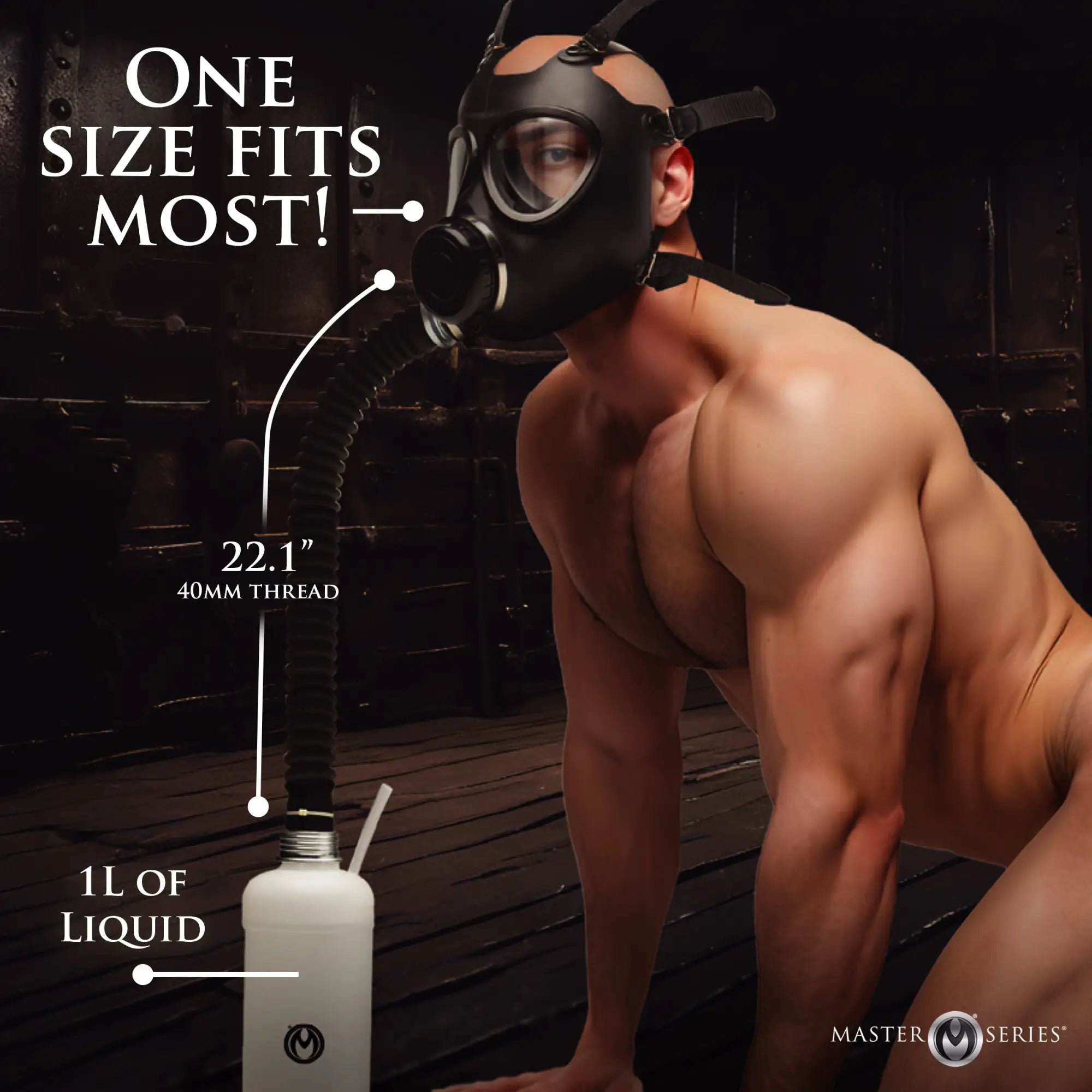 Master Series Inhaler Gas Mask with a black mask, hose, and 1L white bottle shown on a muscular man.