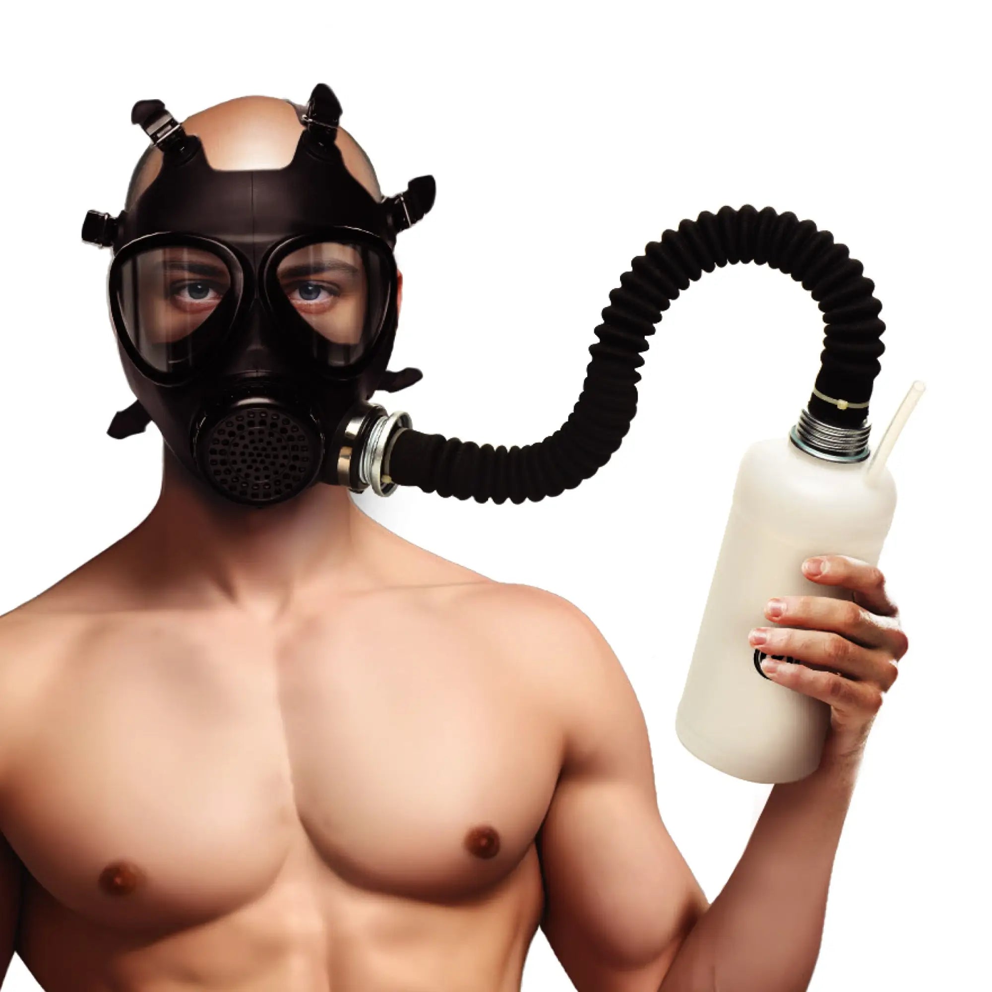 Shirtless man wearing a black Master Series gas mask connected by a hose to a white handheld bottle.