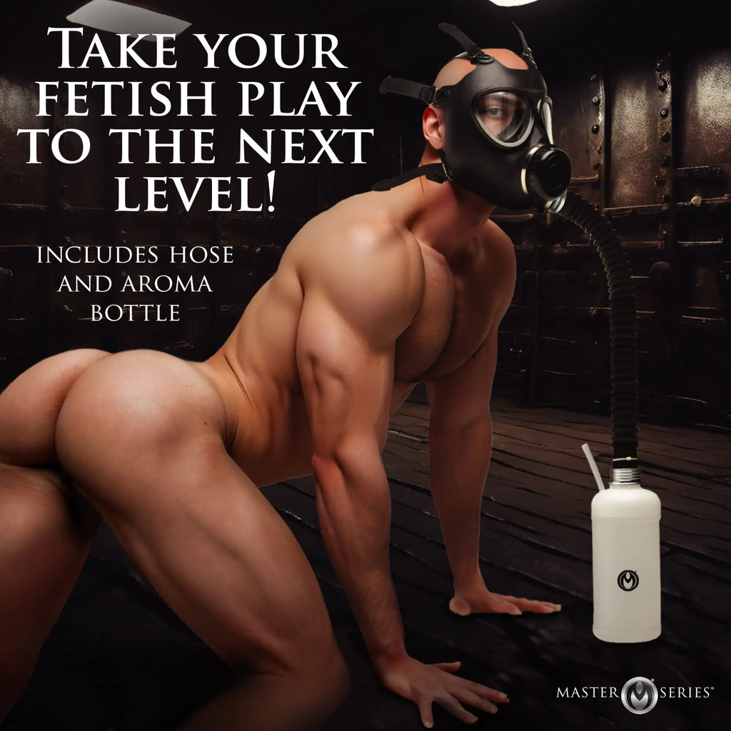 Master Series Inhaler Gas Mask with bottle; a black fetish mask connected by a hose to a white aroma bottle.